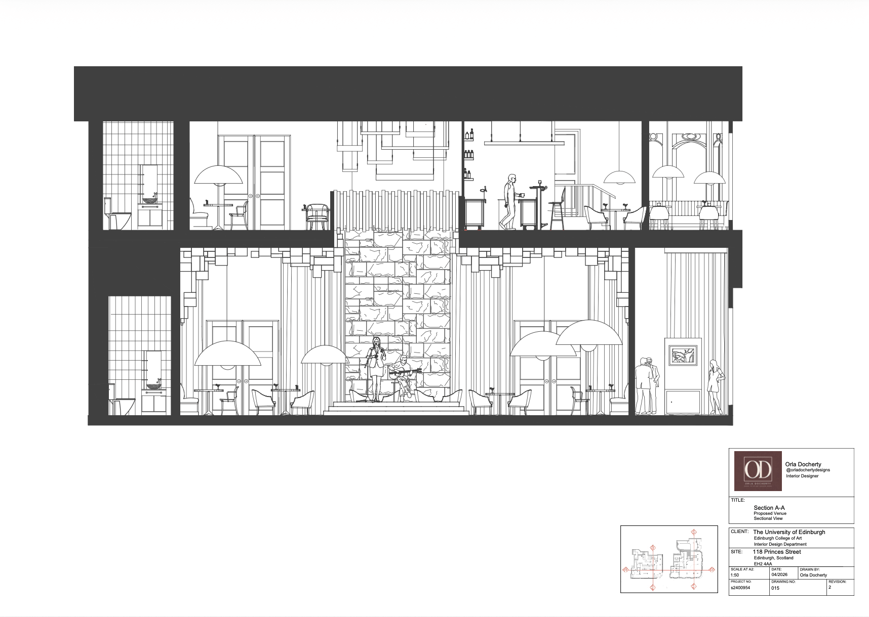 The sectional proposal explores how performance is embedded within the everyday experience of the venue through vertically connected social spaces and carefully layered acoustic strategies. Organised around a central stage and double-height feature wall, the section demonstrates the relationship between audience, performer, and hospitality functions across both floors. Suspended acoustic ceiling elements, curtains, ribbed surfaces, and integrated material transitions are used to control reverberation and ve