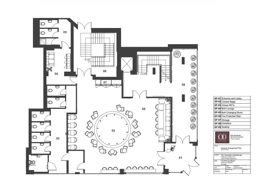 The ground floor layout positions the stage as the central social and performative focus of the venue, surrounded by seating, bar functions, and exhibition spaces. The plan was developed to encourage continuous interaction between performer and audience while maintaining clear circulation and operational efficiency throughout the space.