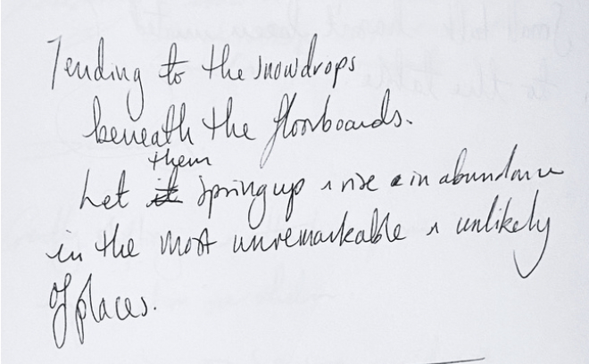 Pictured: handwritten text that reads: 'Tending to the snowdrops beneath the floorboards. Let them spring up and rise in abundance in the most unremarkable or unlikely of places.'