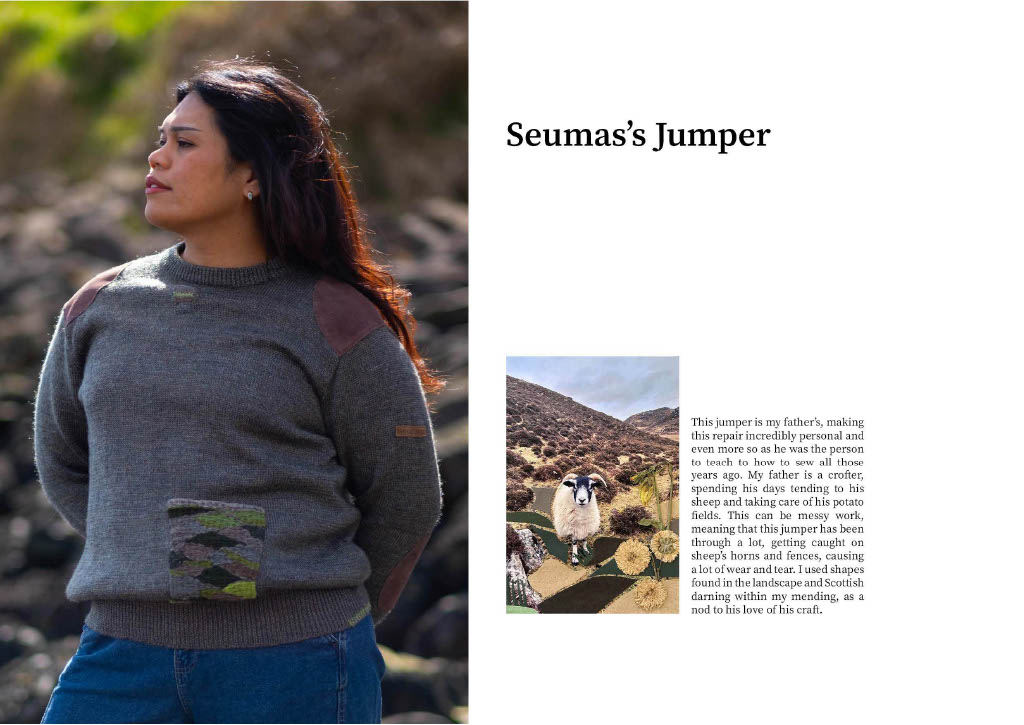 Seumas' jumper. Mended Jumper, including shapes inspired by the islands landscape.