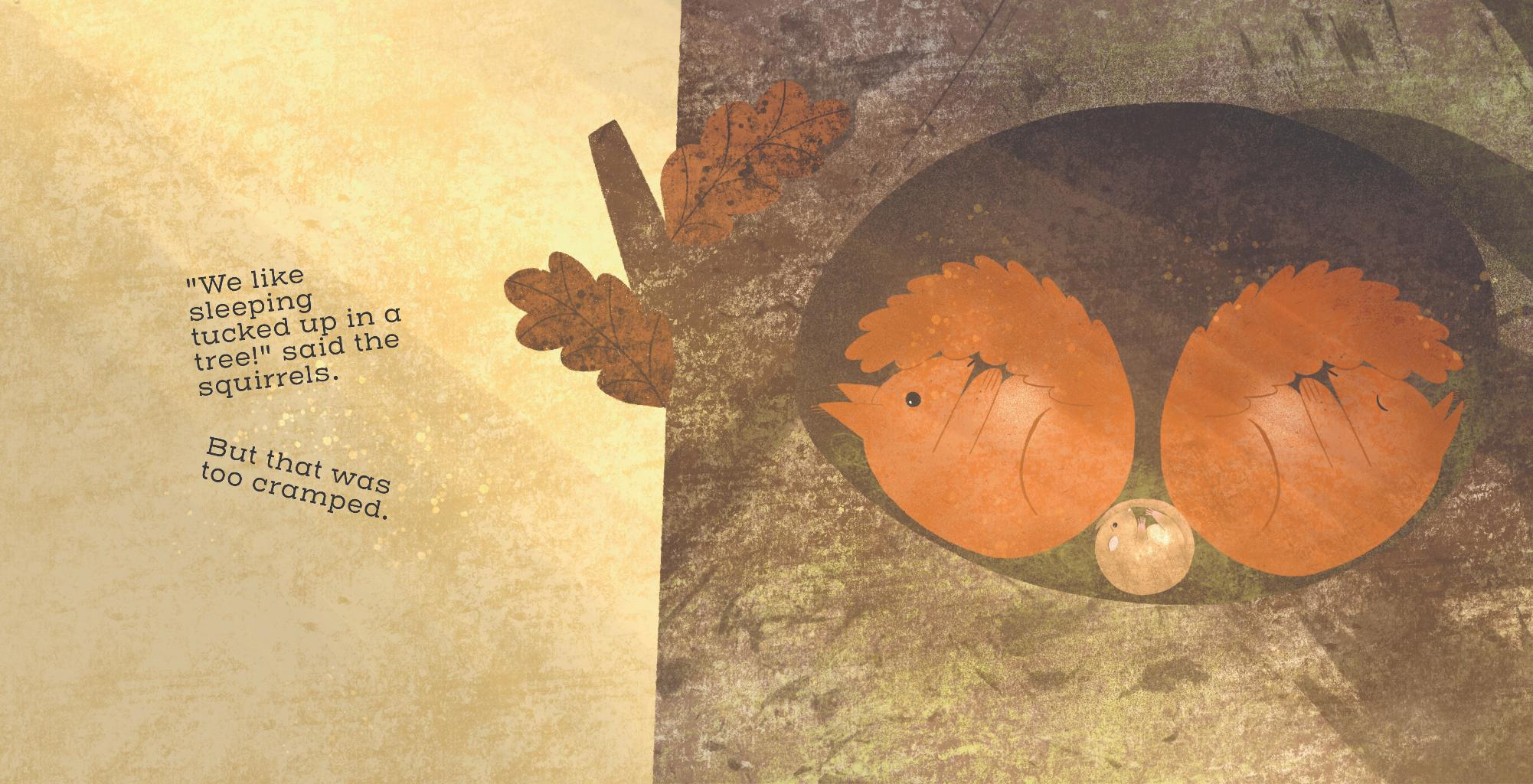 Illustration of two squirrels and a dormouse in a hollow tree.