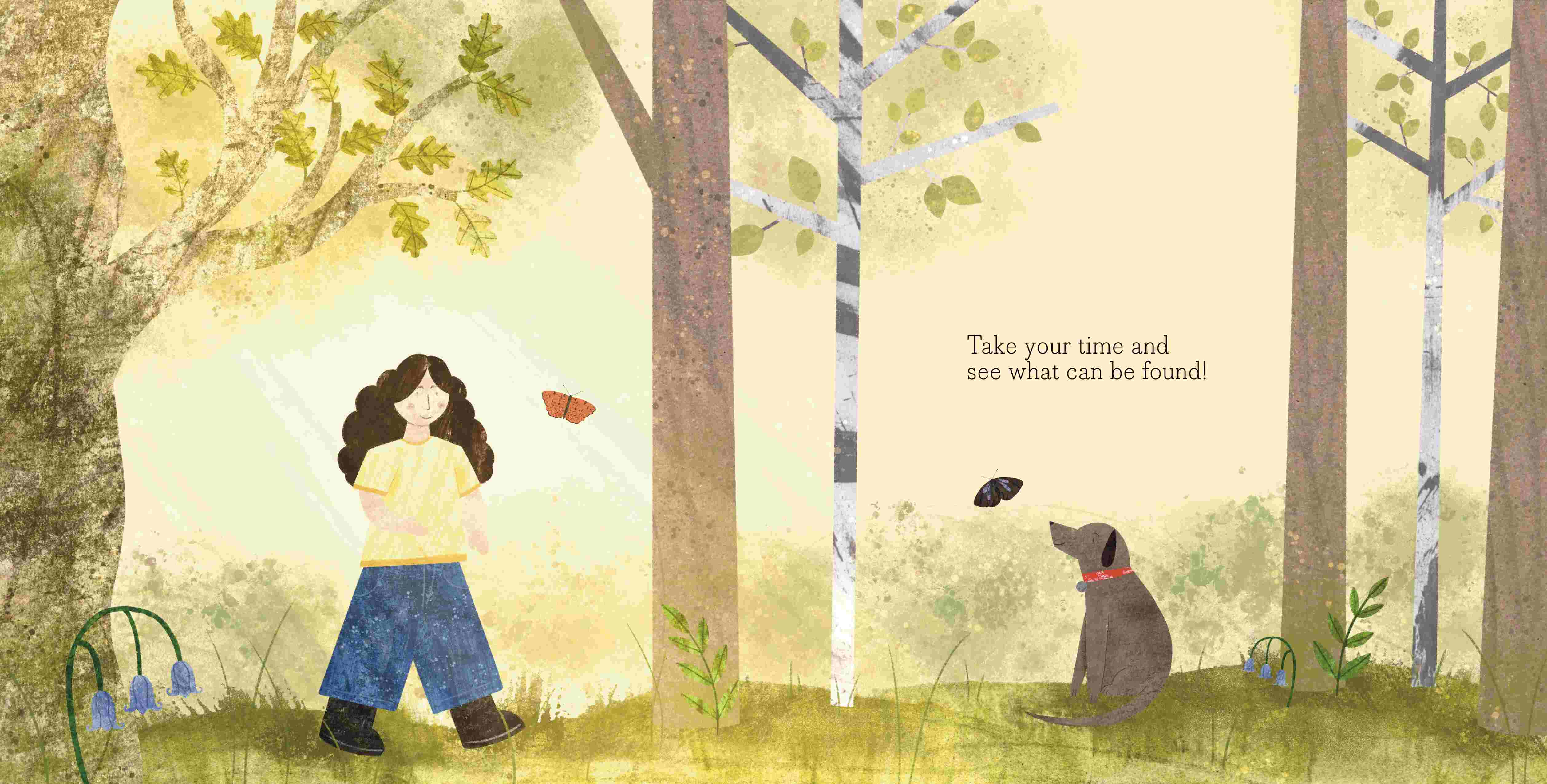 Illustration of a child and her dog in a woodland with plants and butterflies.