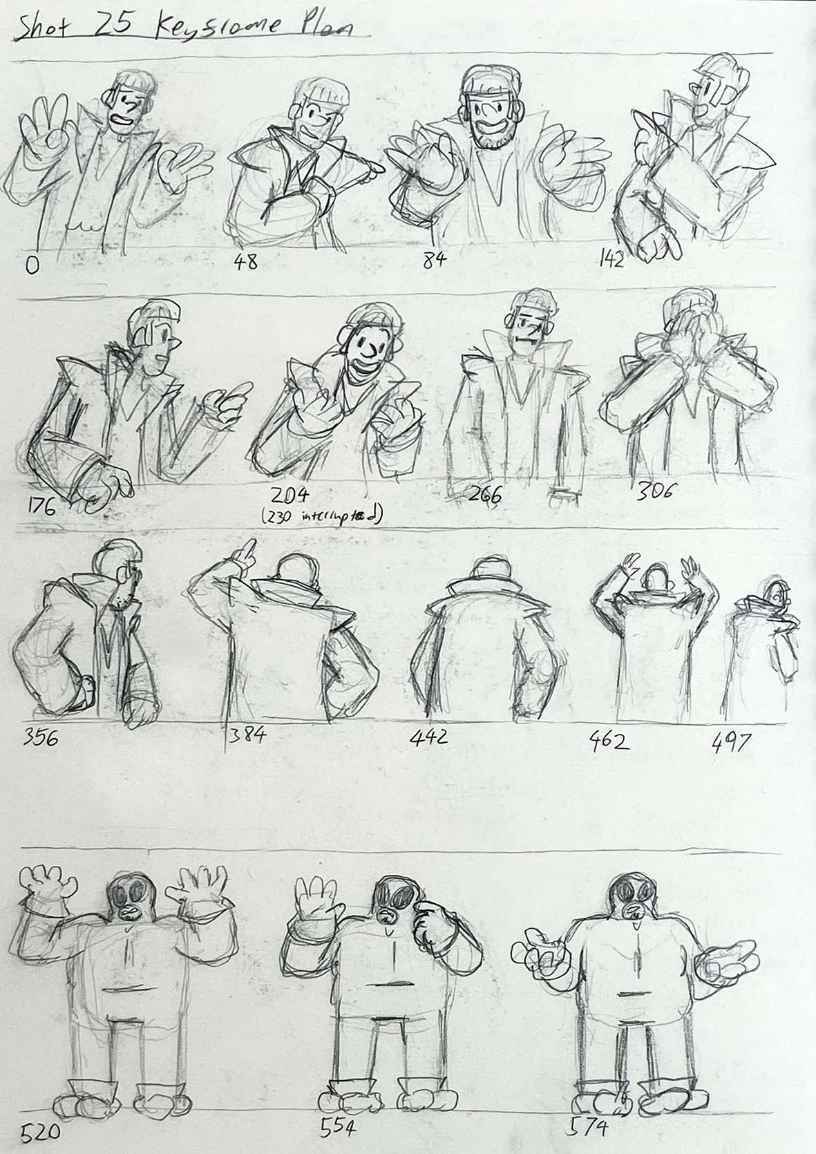 A breakdown of important character poses (Keyframes) for several shots