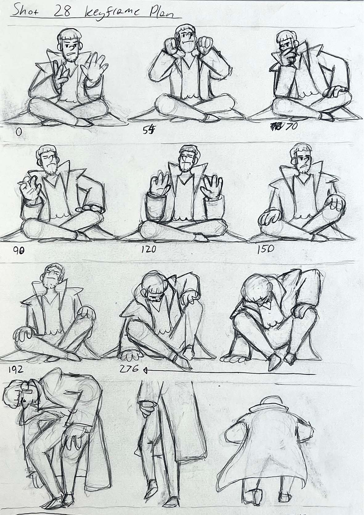 A breakdown of important character poses (Keyframes) for several shots