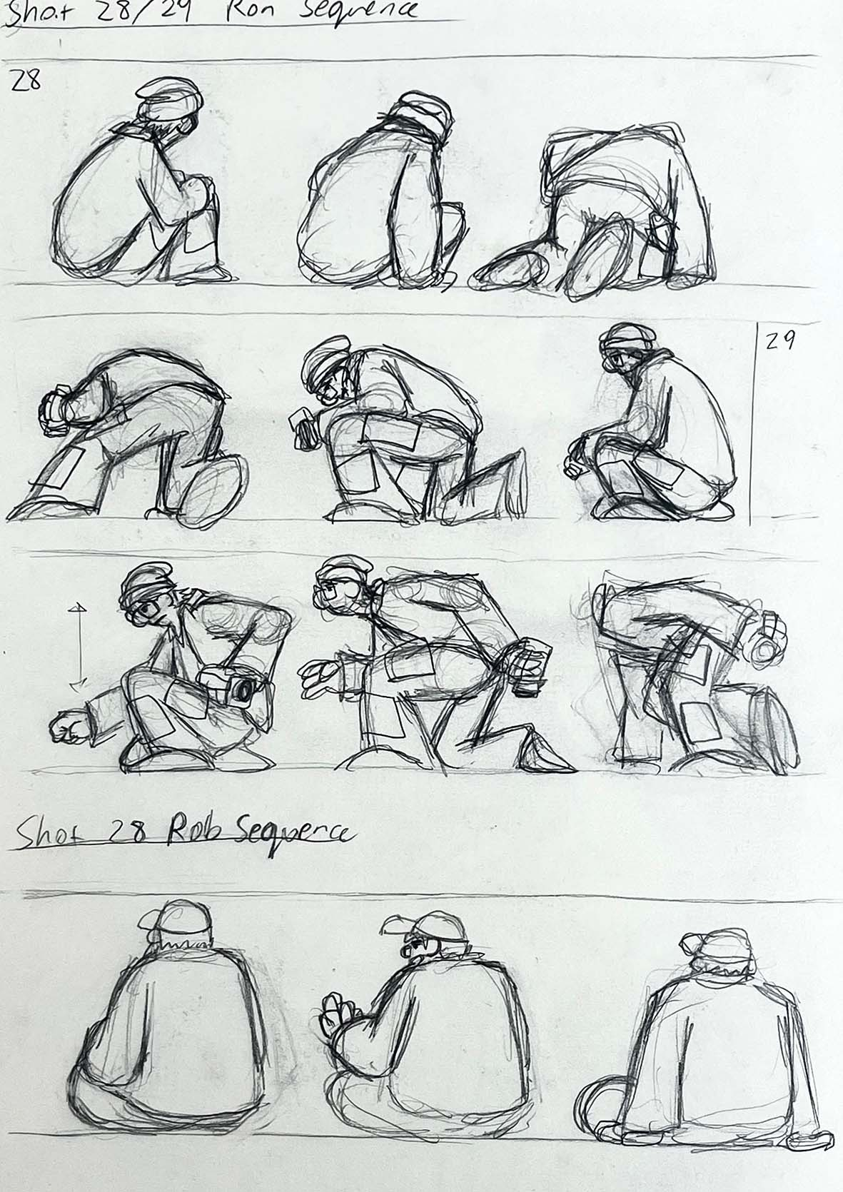 A breakdown of important character poses (Keyframes) for several shots
