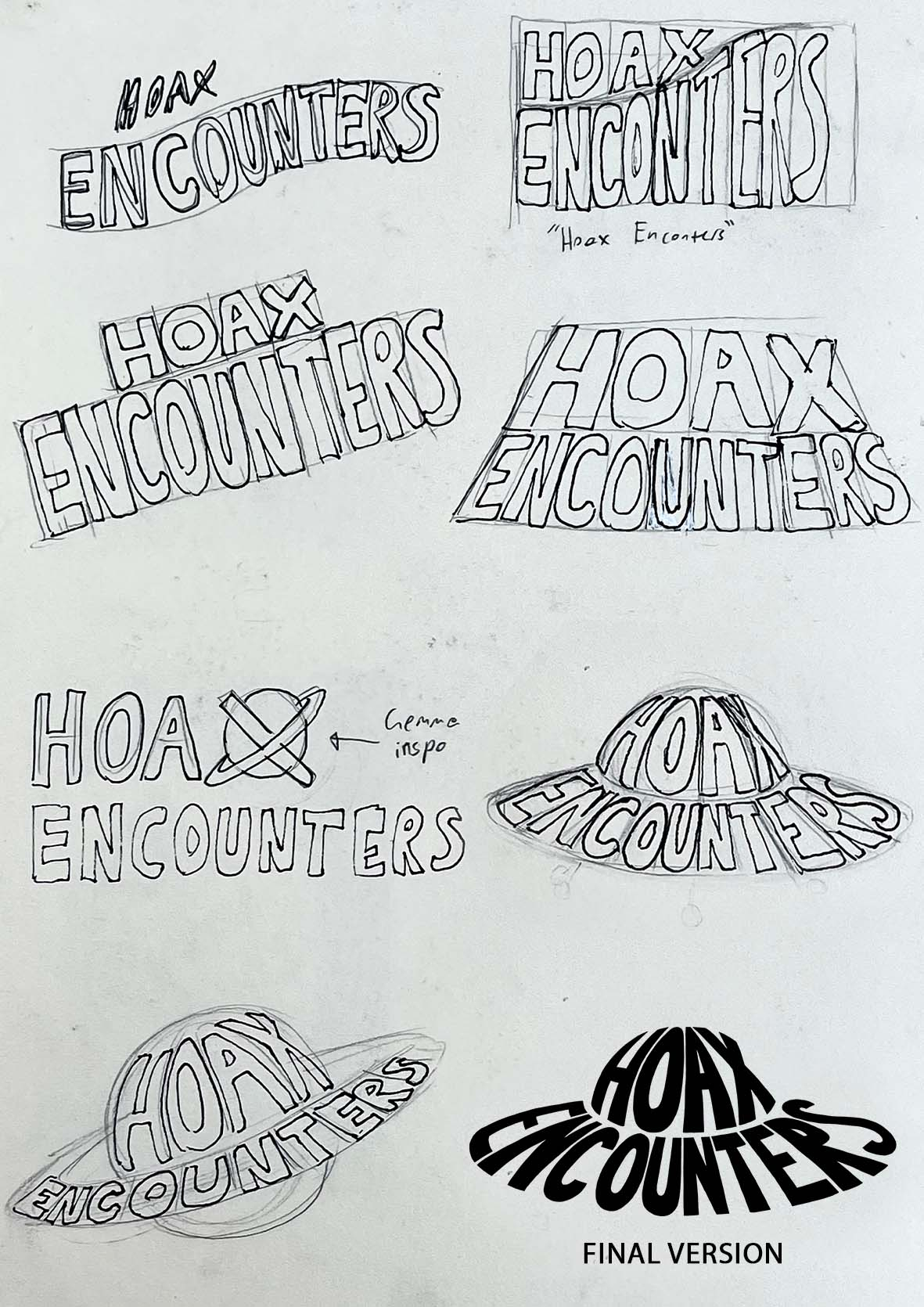 A series of variations on a title card for 'Hoax Encounters', as well as the final one in the shape of a UFO
