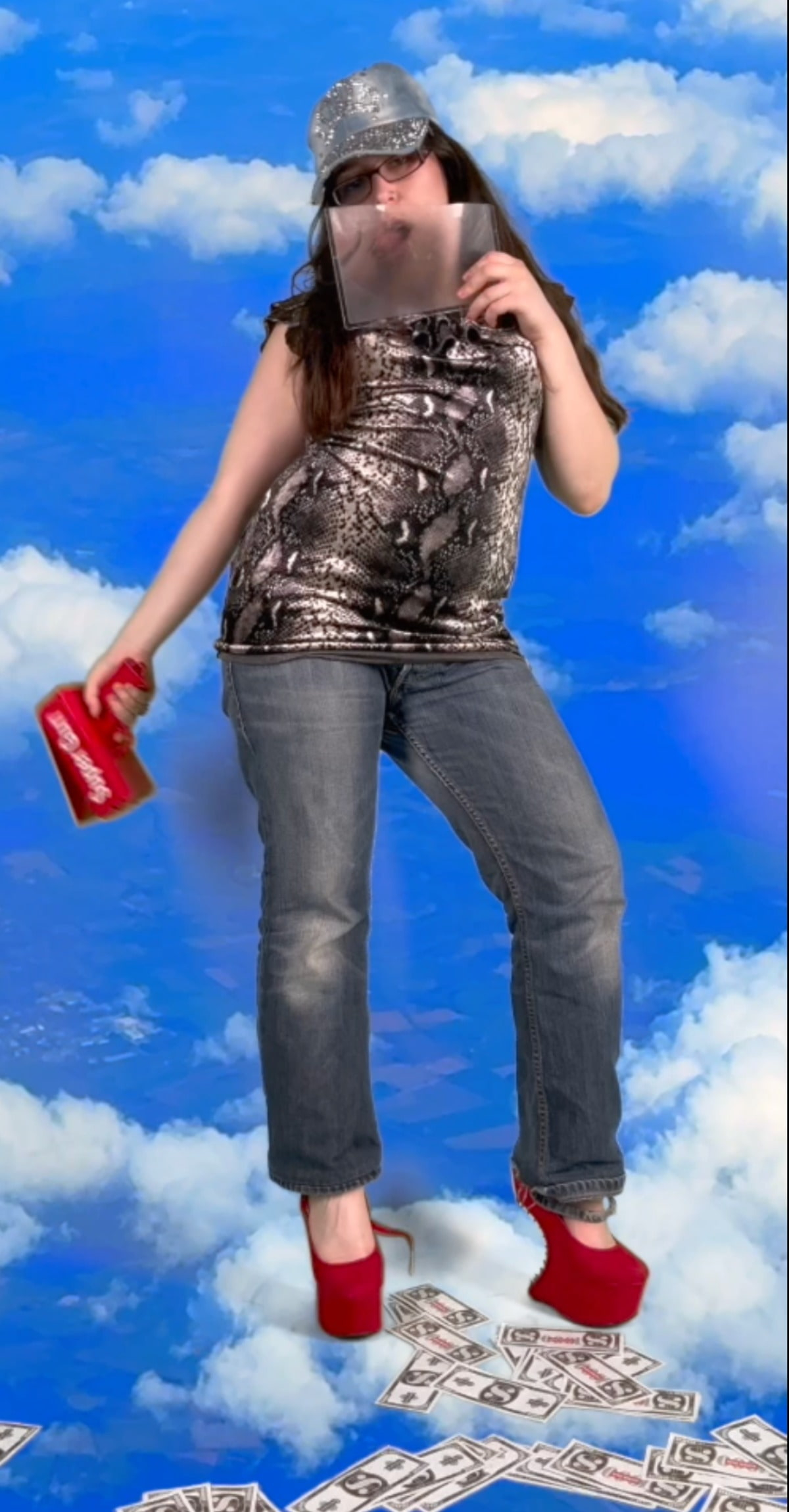 An influencer baddie in Red high heels and leopard print velvet dress holding a Money Canon money fake cash on the floor and she is on a greenscreen of a sky image from an airplane 