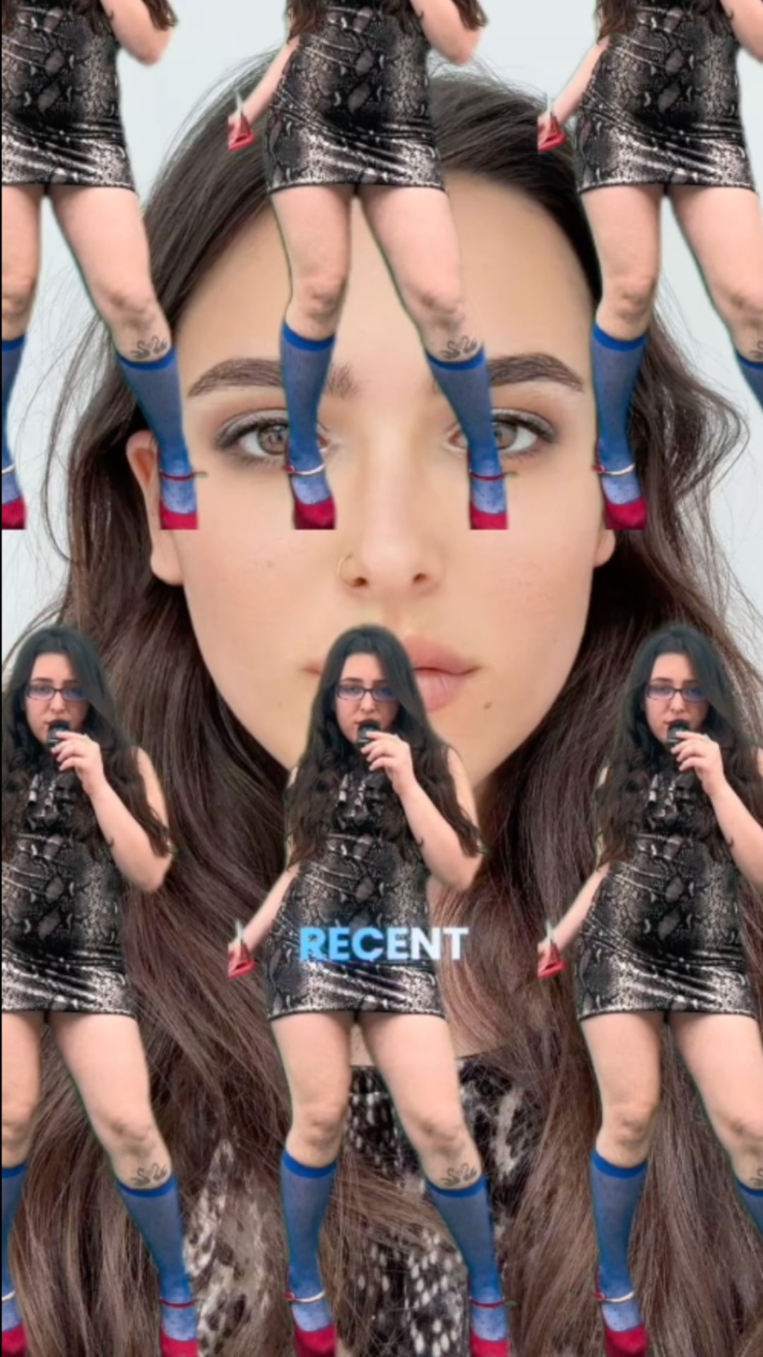 An influencer baddie in Red high heels and leopard print velvet dress holding a microphone 