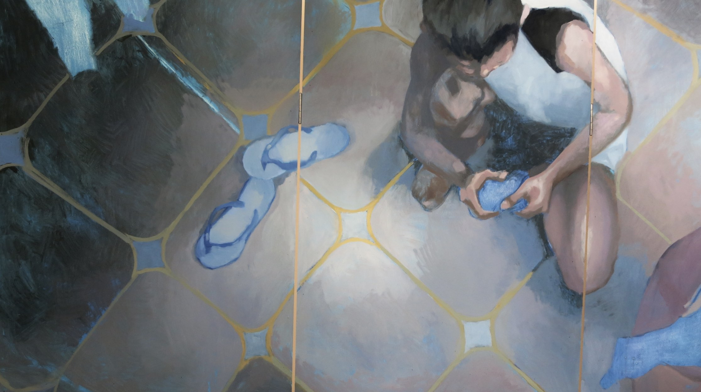 Detail of an oil painting of some children sitting on a tiled floor.