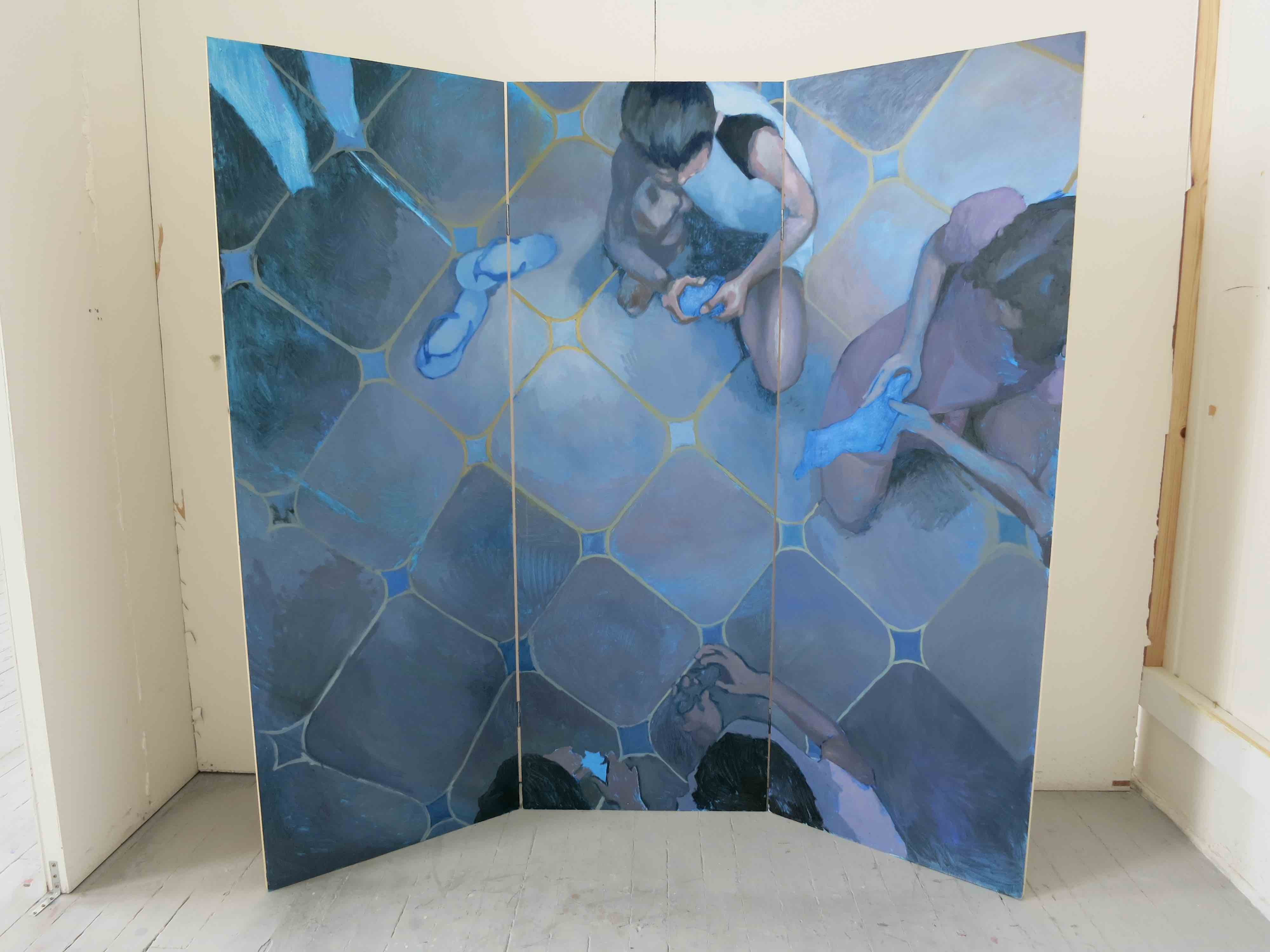 Three panel triptych. Painted on the board are four children crouching on a tiled floor, seen from above. They are playing with some unidentified objects.