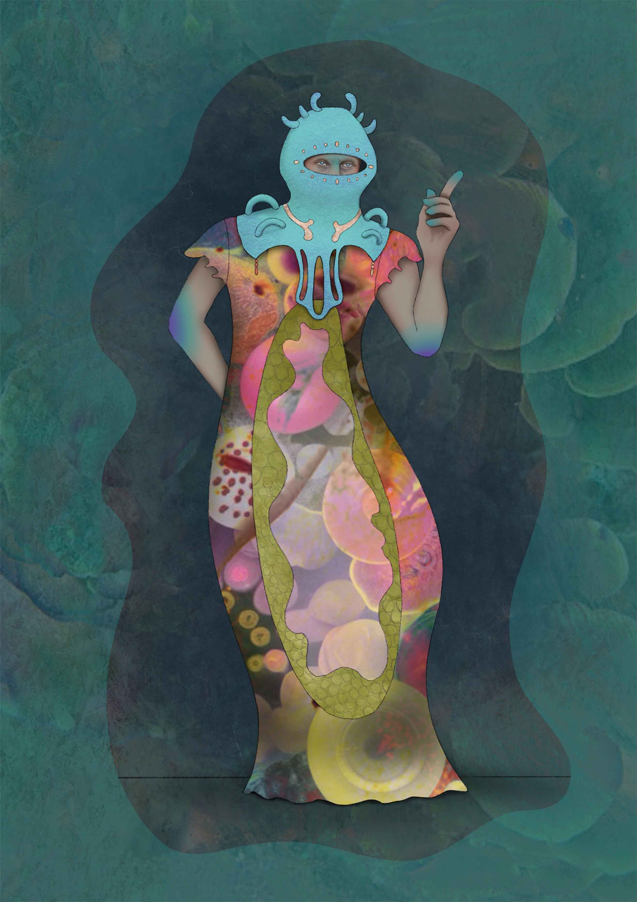 Drawing of man wearing patterned dress and blue headpiece