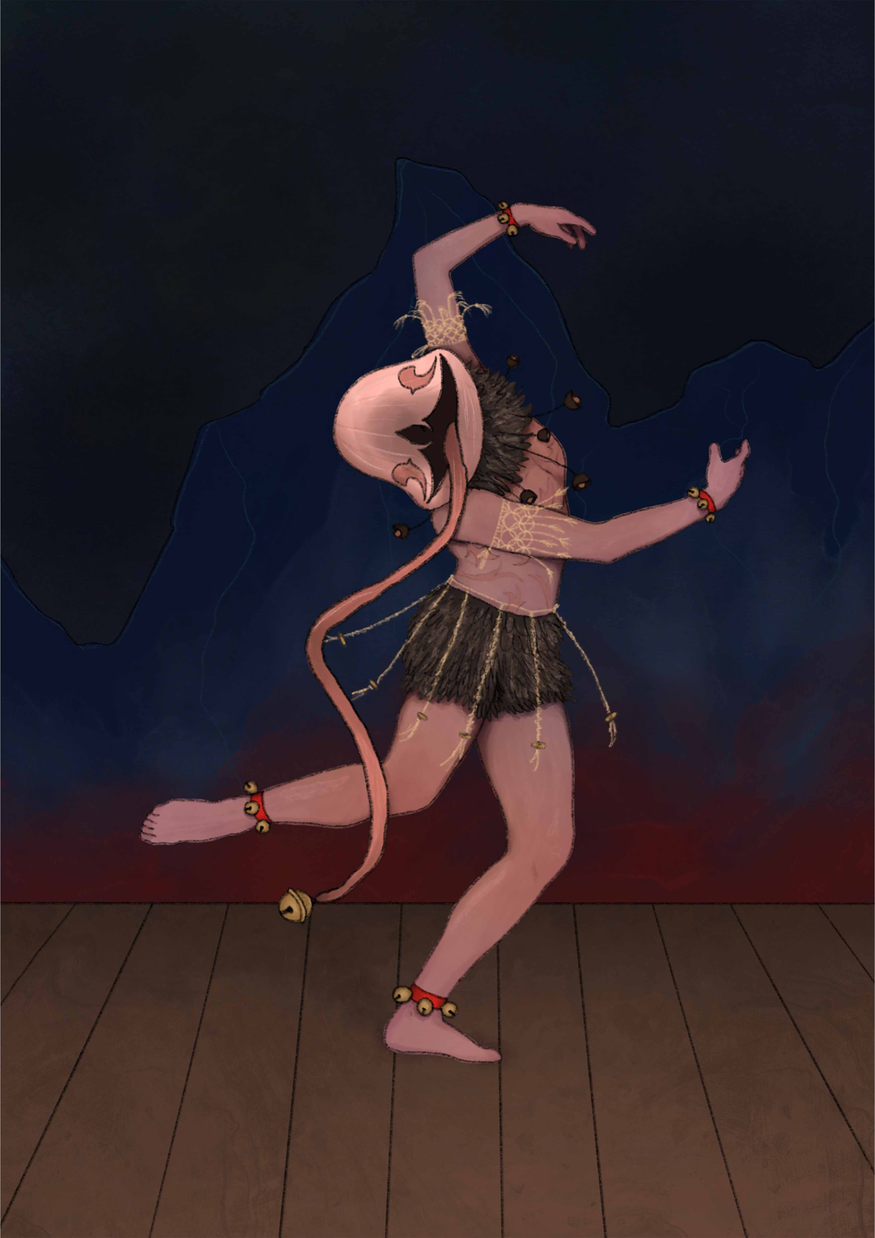 Drawing of a performer in a demon costume