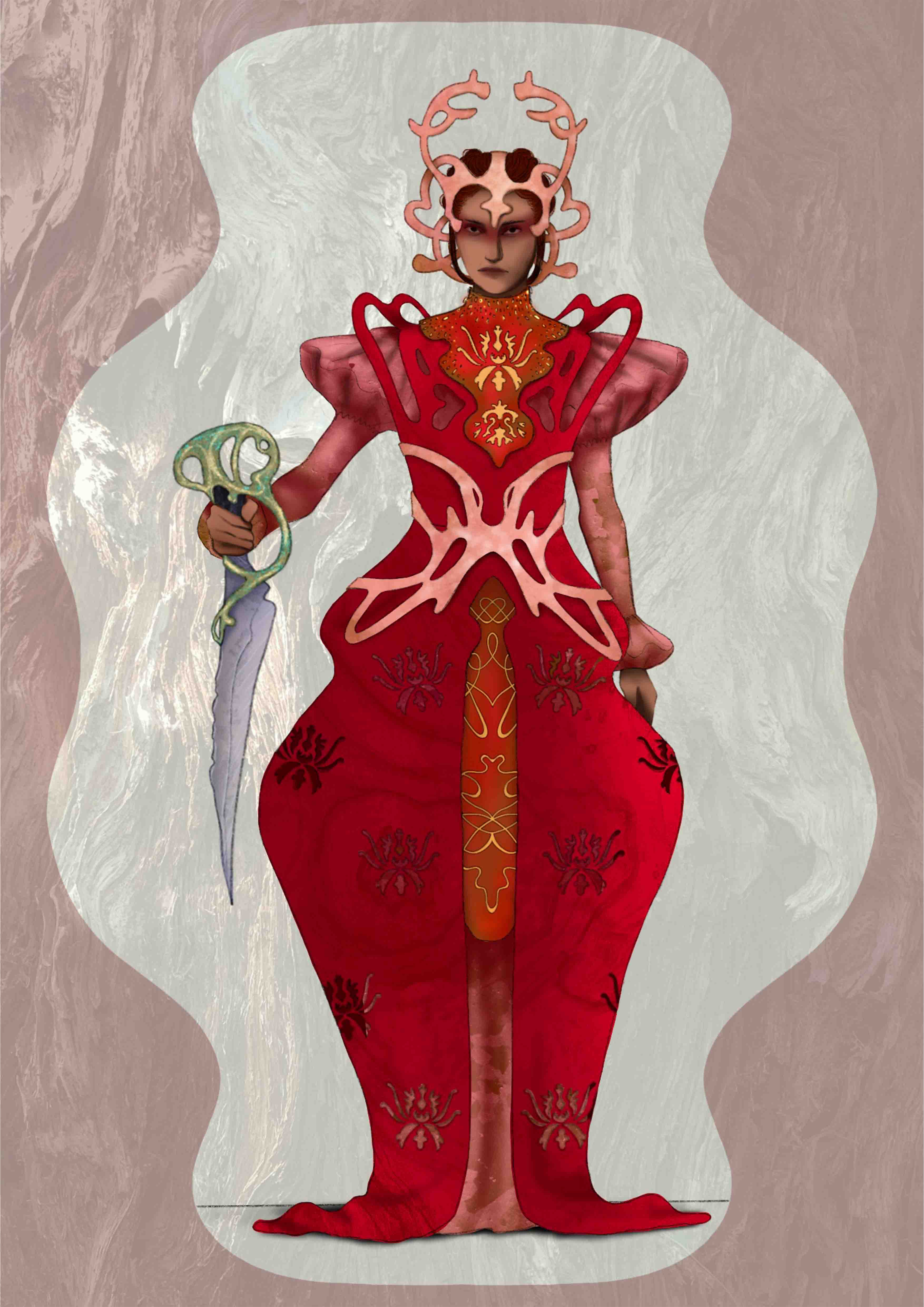 Drawing of woman wearing red dress