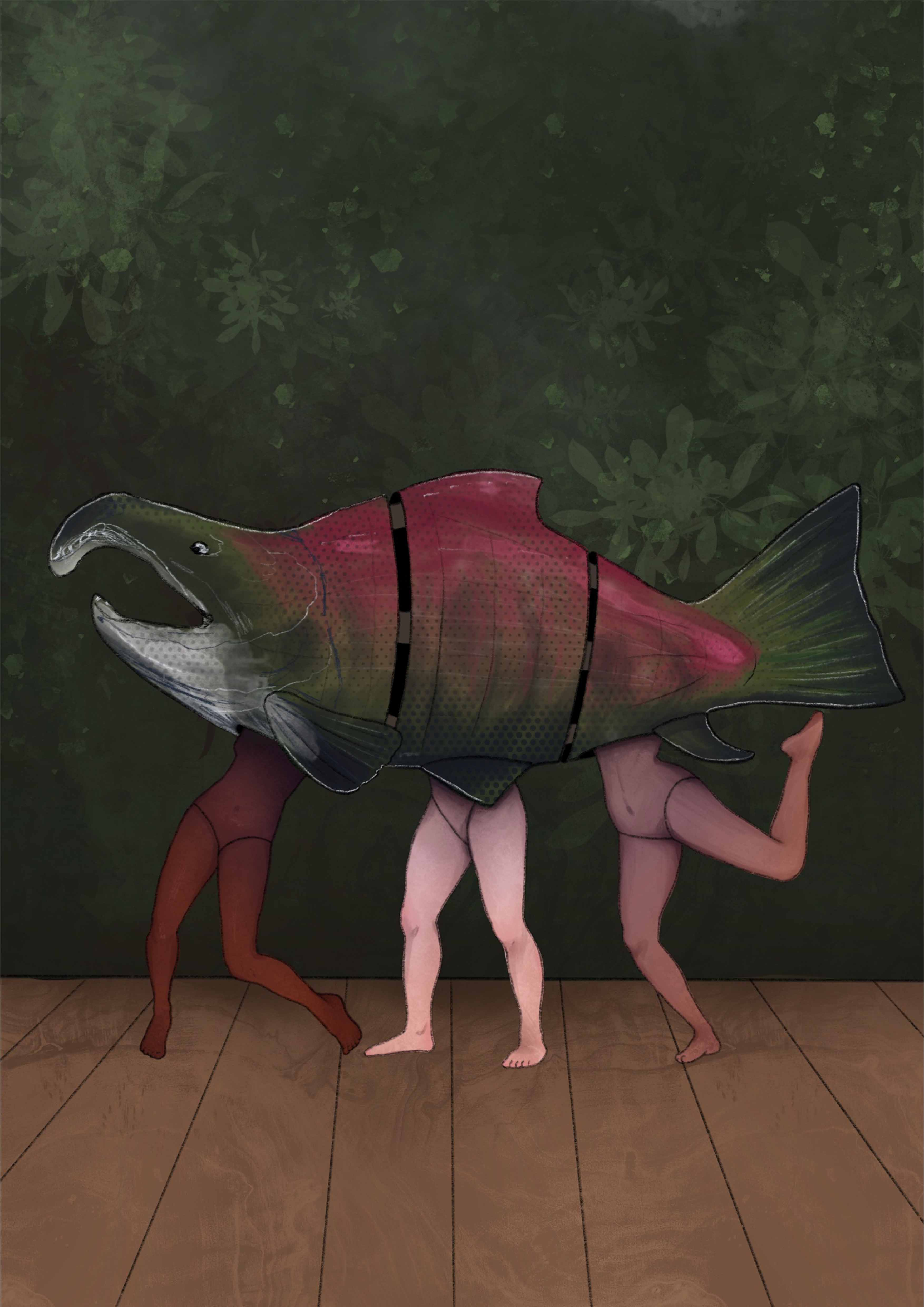 Drawing of three performers in a large fish costume