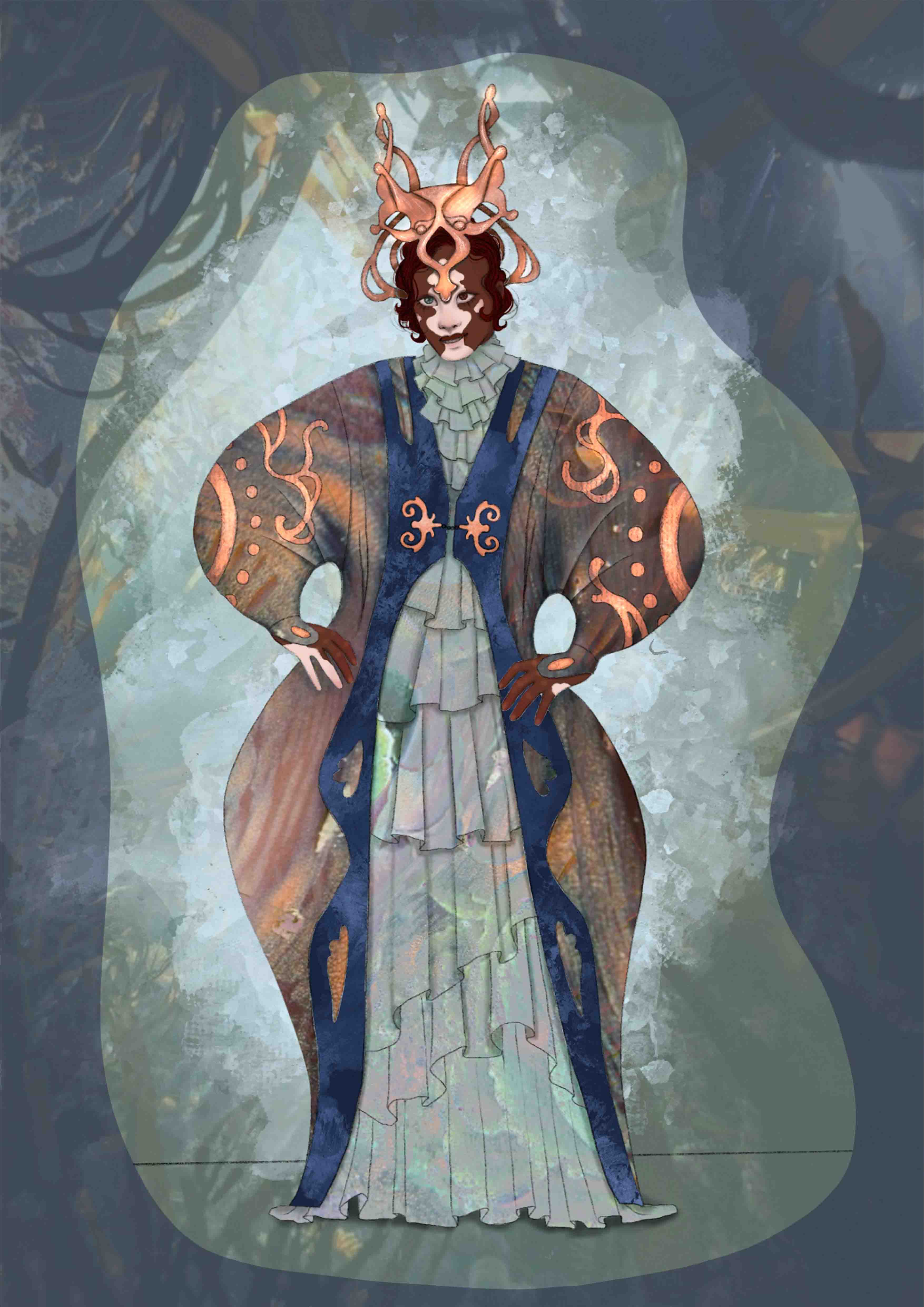 Drawing of a woman with a long patterned coat
