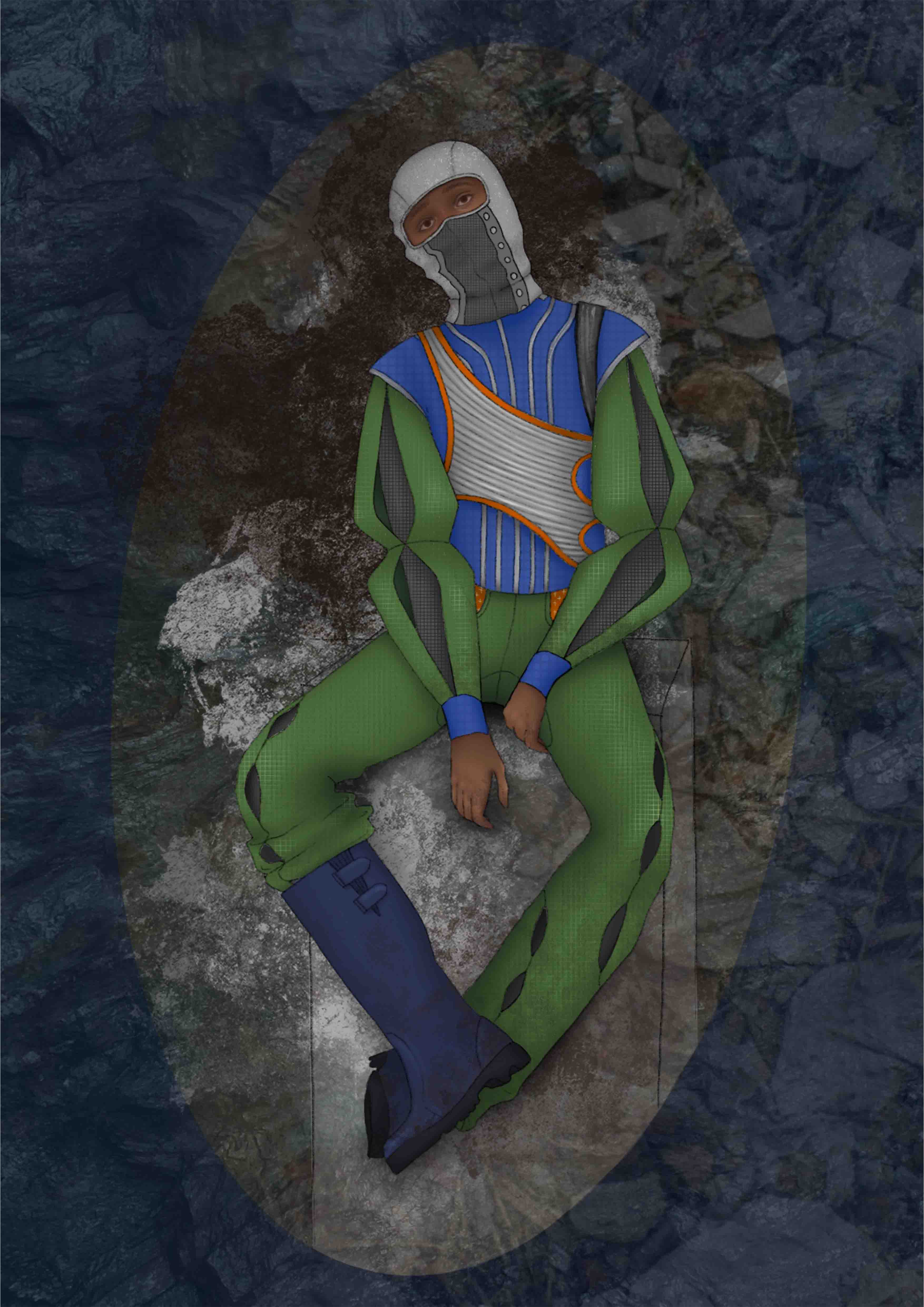 Drawing of woman sitting with green outdoor clothing