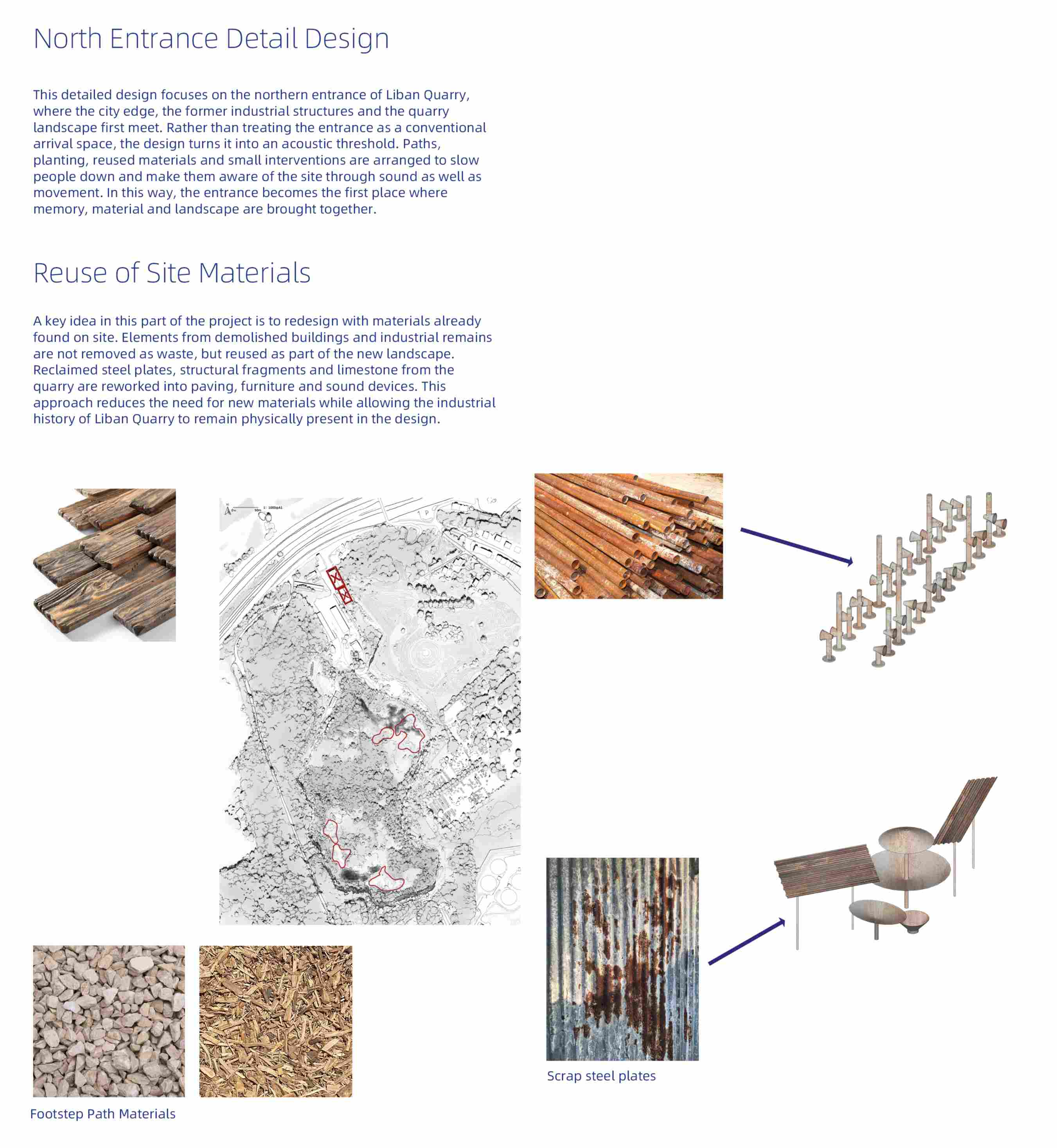 Material reuse strategy for the north entrance, showing how reclaimed site materials are reworked into paving, seating and acoustic devices to create a slower threshold into Liban Quarry.