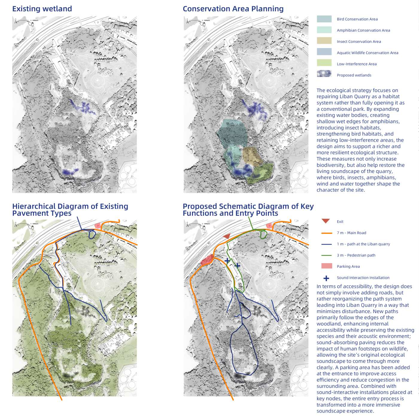 Planning diagrams for Liban Quarry showing existing wetlands, proposed conservation areas, existing path hierarchy, and reorganised access routes with entry points and sound installations.