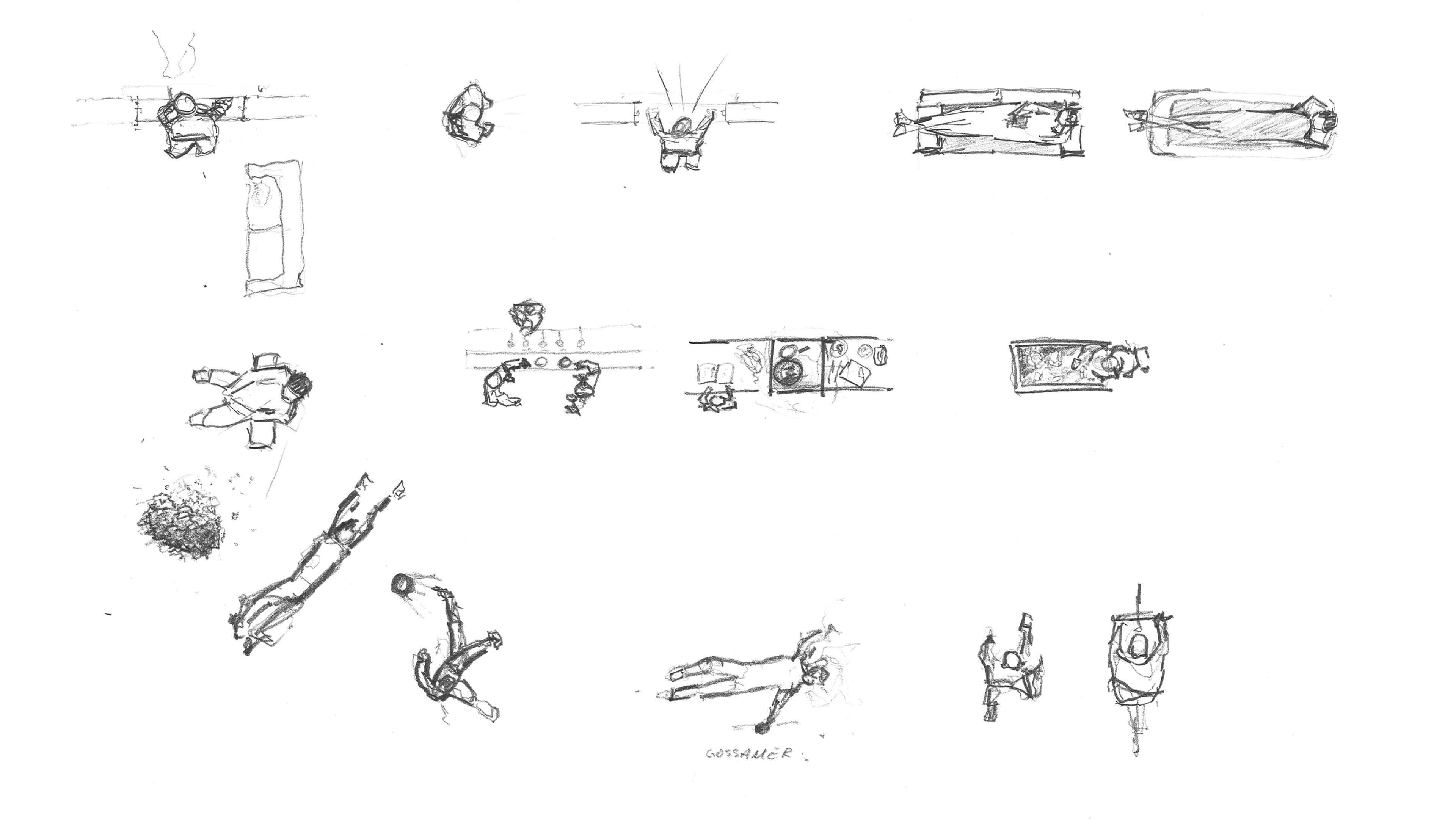 An arrangement of sketches of people engaging in in-between activities seen from above including: smoking a cigarette in the open window, bubble bath, scrolling on the phone, lying on the grass, playing ball, strolling