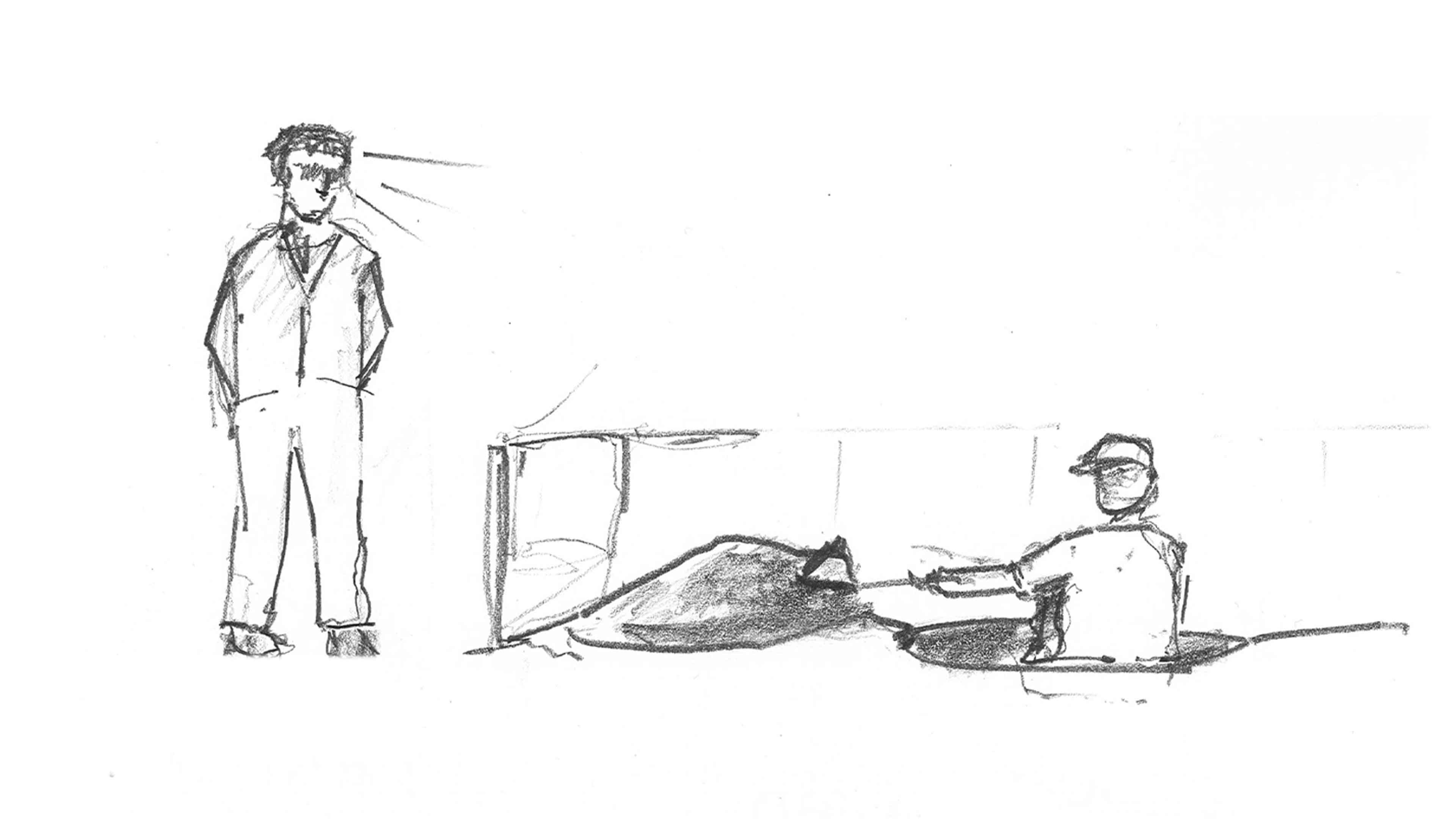 a pencil sketch of a man observing construction works