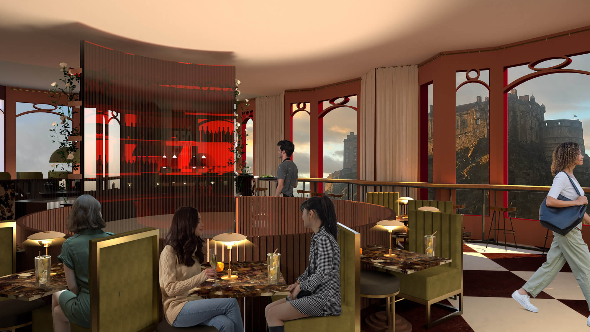 Curved booth seating surrounds low marble-resin tables beneath warm lighting, with views towards Edinburgh Castle framed by tall arched windows and layered translucent screening around the central bar.