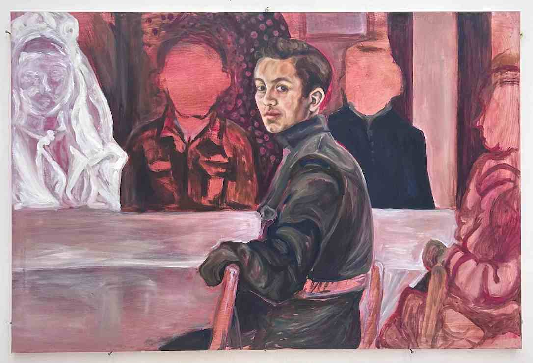 This is a pink painting of a wedding dinner celebration. Some figures are simple outlines, barely recognisable. The bride sits at the far left of the table. In the centre, a man sits in his suit. He returns the viewers gaze.