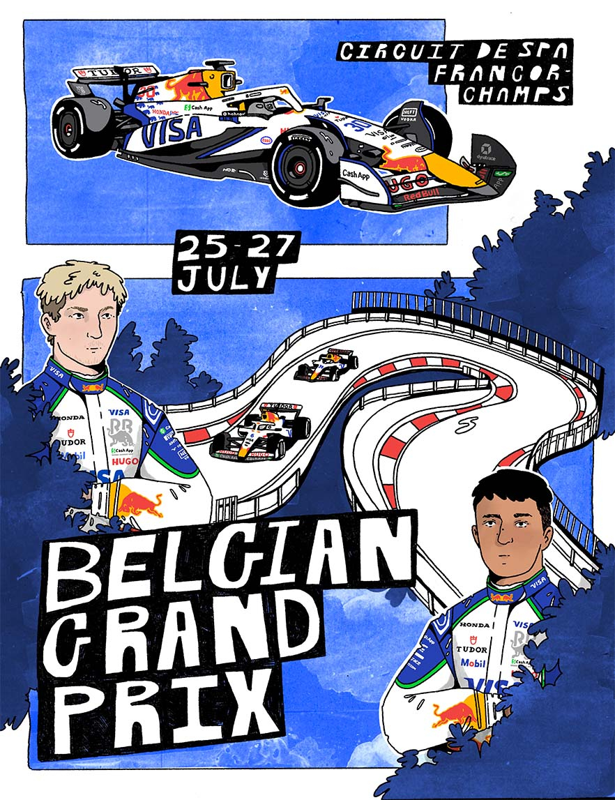 poster depicting the VCARB formula 1 team drivers Liam and Isack, alongside the team's f1 car with the circuit circling round them.