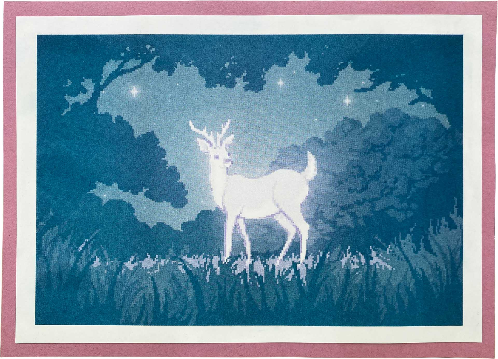 A risograph print of pixel art of a deer in a clearing at night.