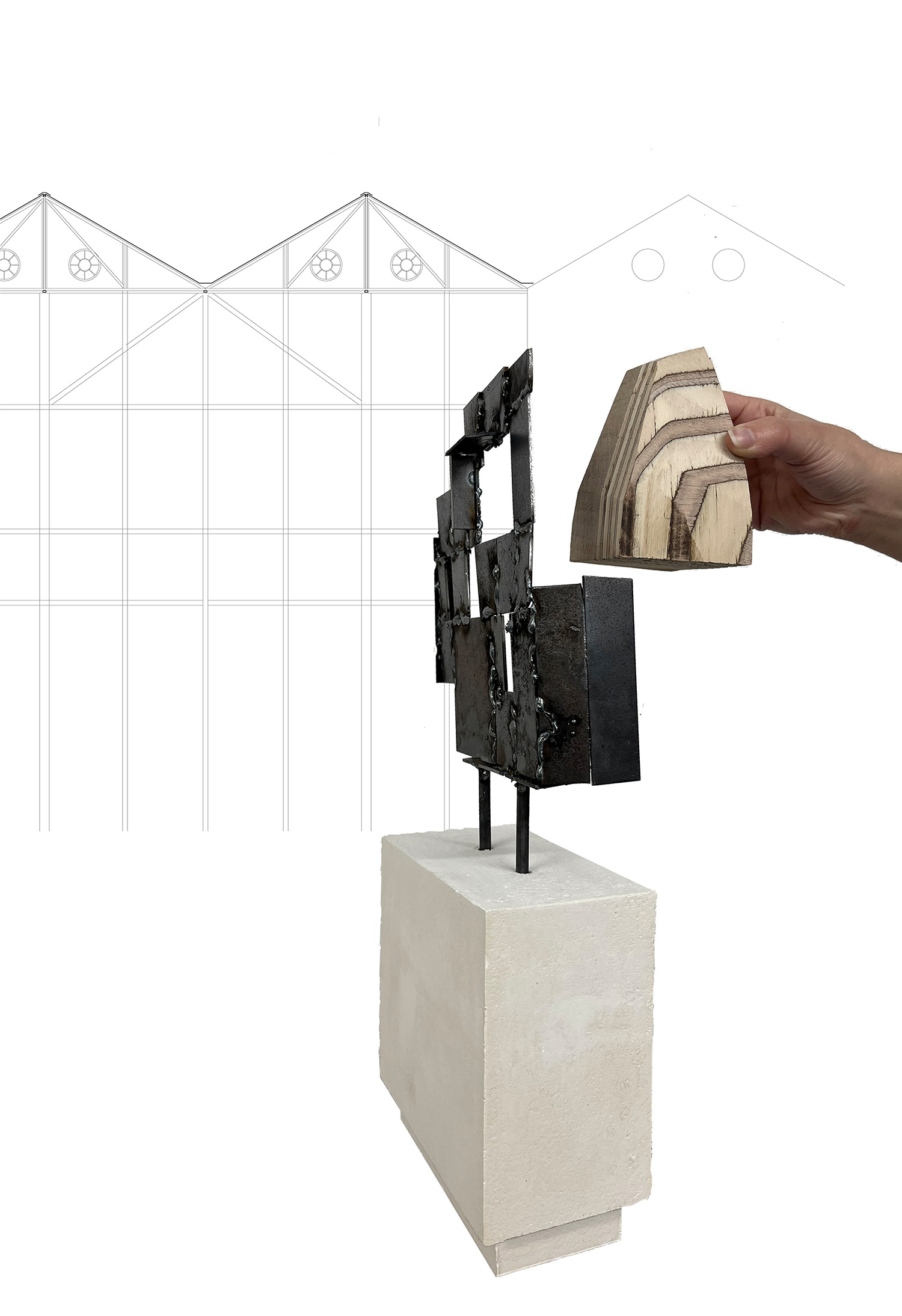1:50 recycled steel facade and thatch pod process model