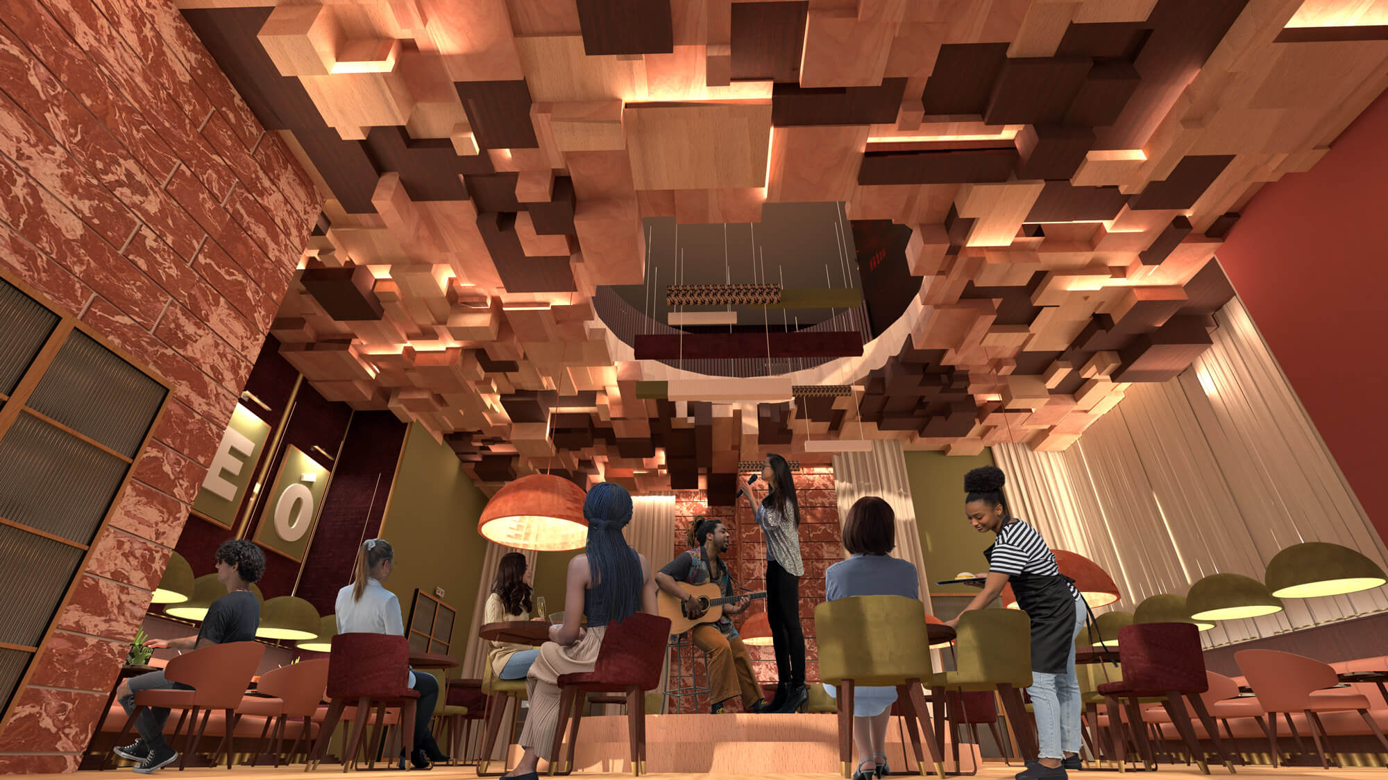 Guests gather around a central performance stage beneath an expansive suspended timber ceiling installation, with warm lighting, textured material finishes, and musicians performing within an intimate hospitality setting.