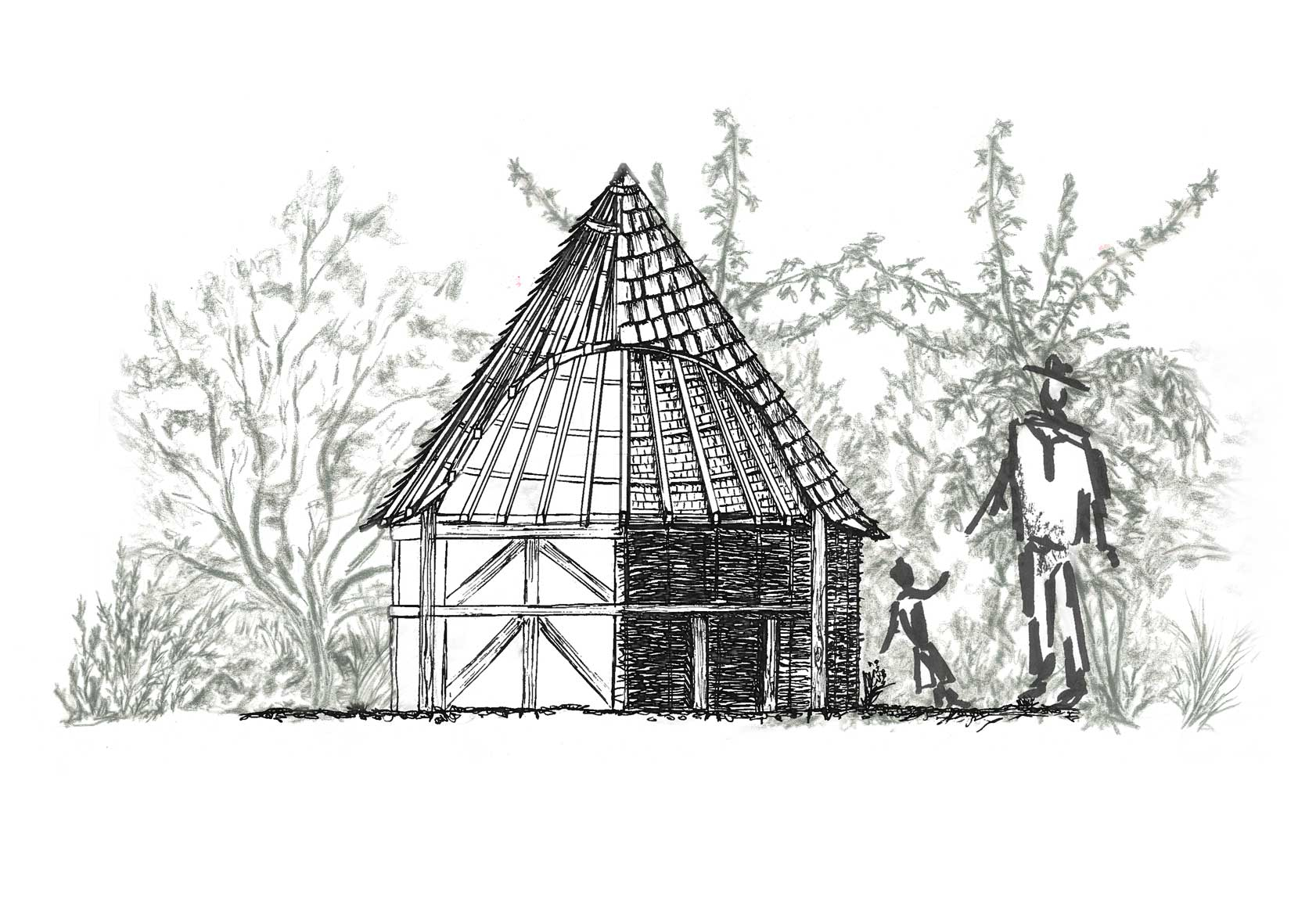 Drawing of small woven shelter seating in dense vegetation.