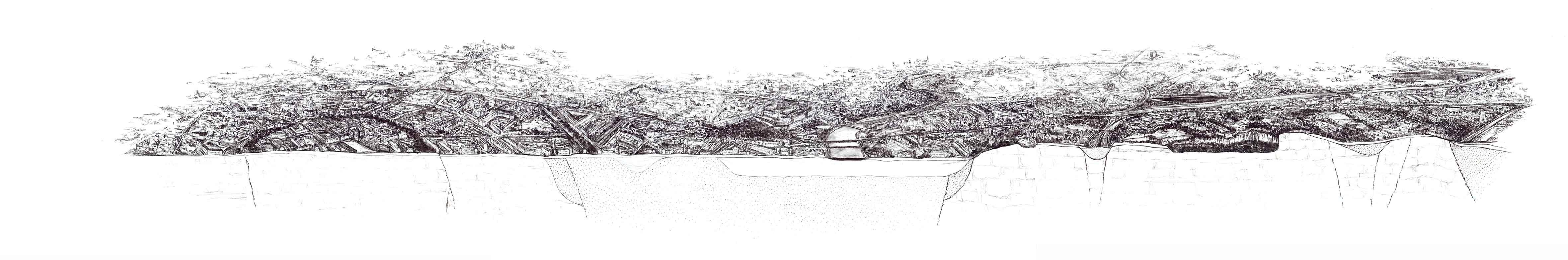Isometric charcoal section drawing through the city of Krakow, Poland