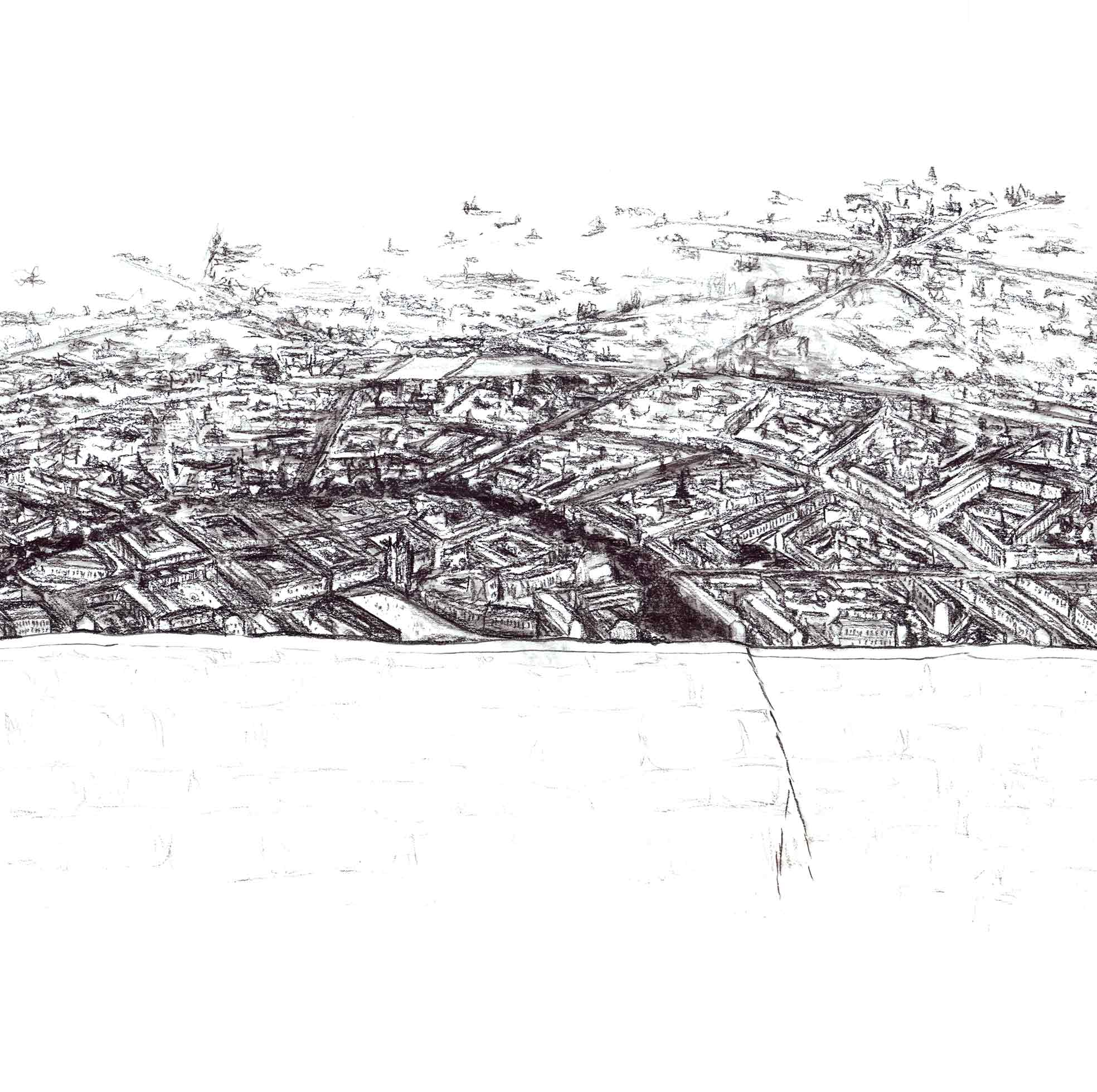 Isometric charcoal section drawing through the city of Krakow, Poland
