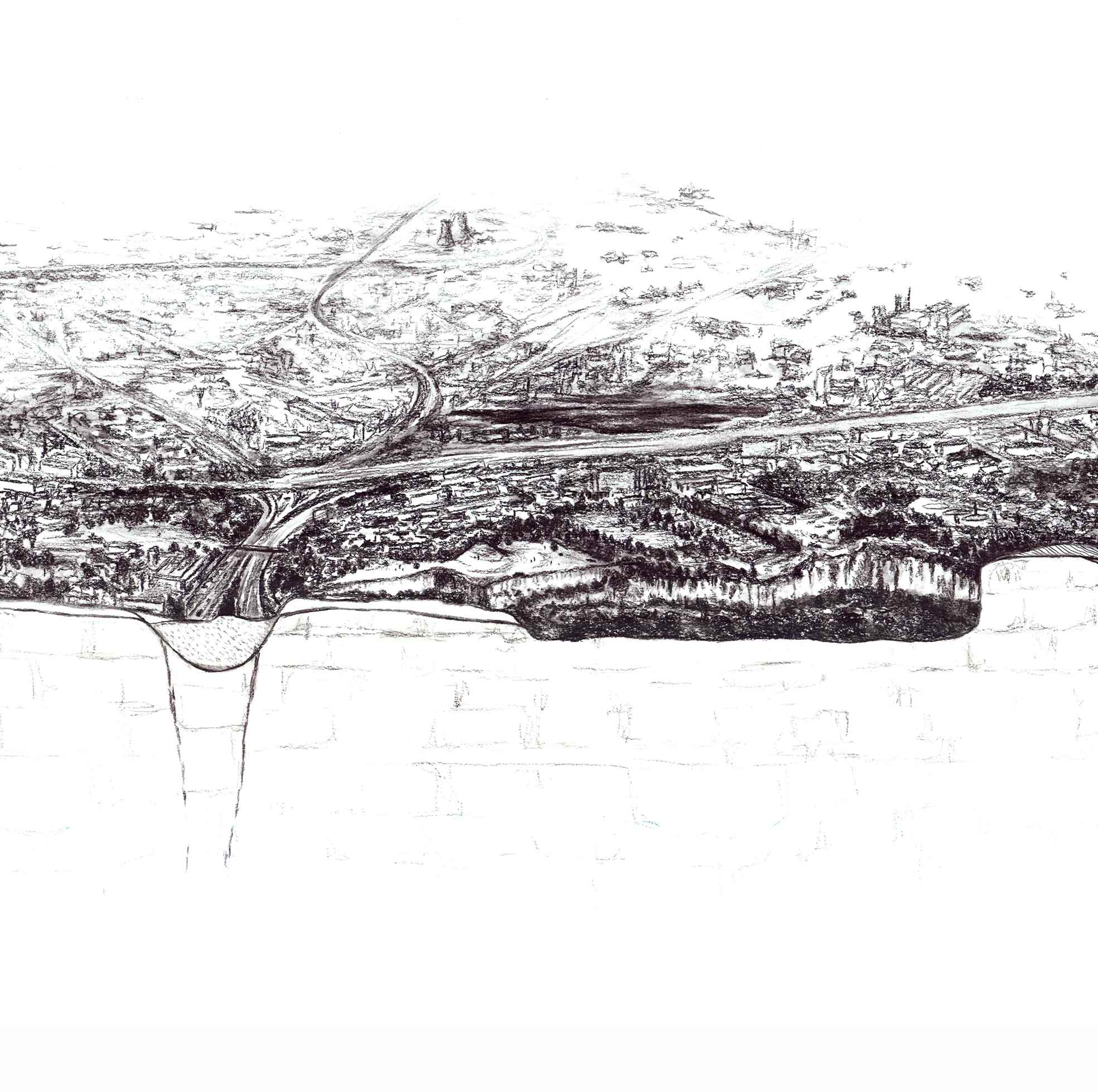 Zoom in of Isometric charcoal section drawing through the city of Krakow, Poland