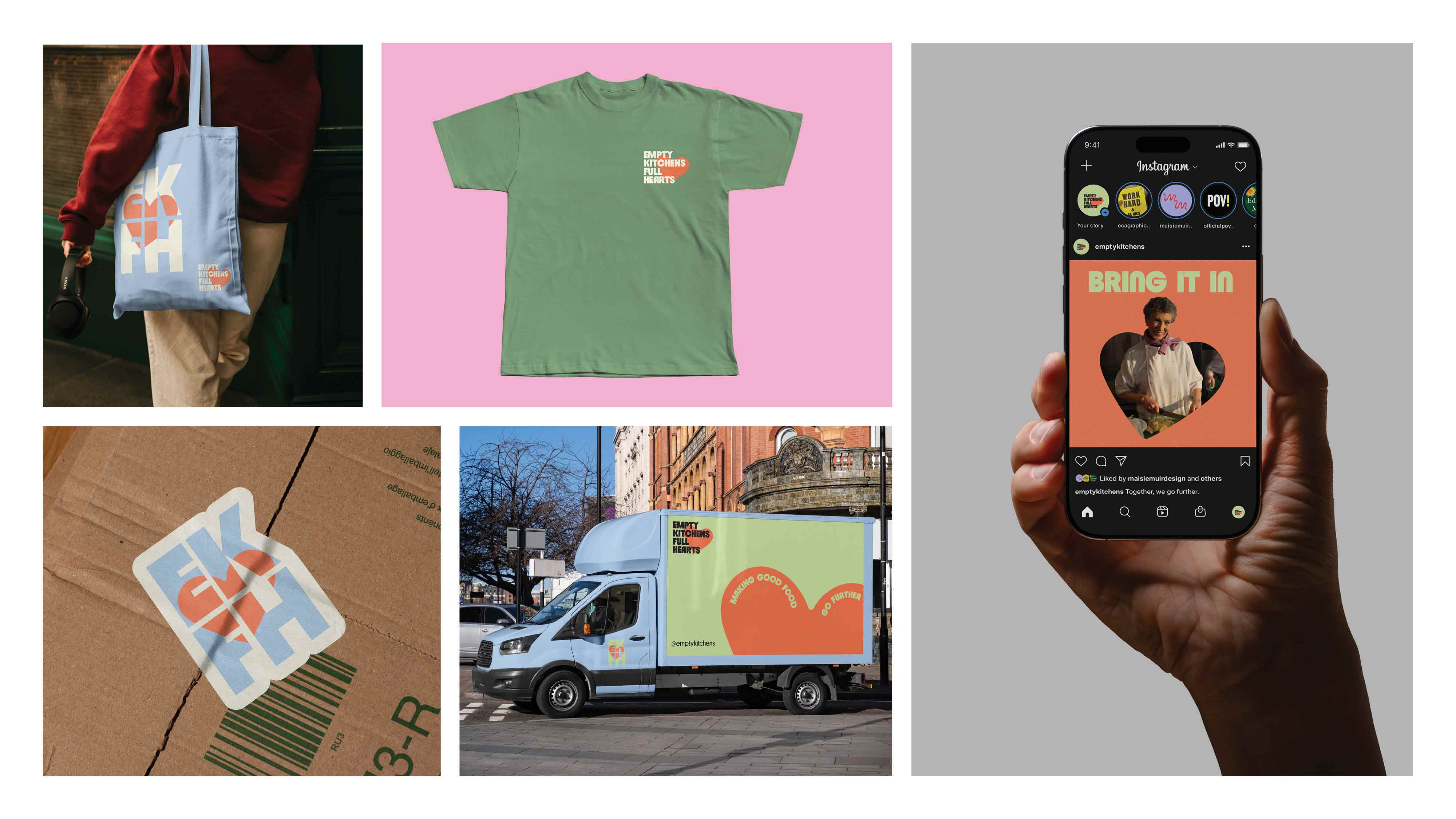 A collection of images showing brand applications such as merchandise, social media applications, and product applications
