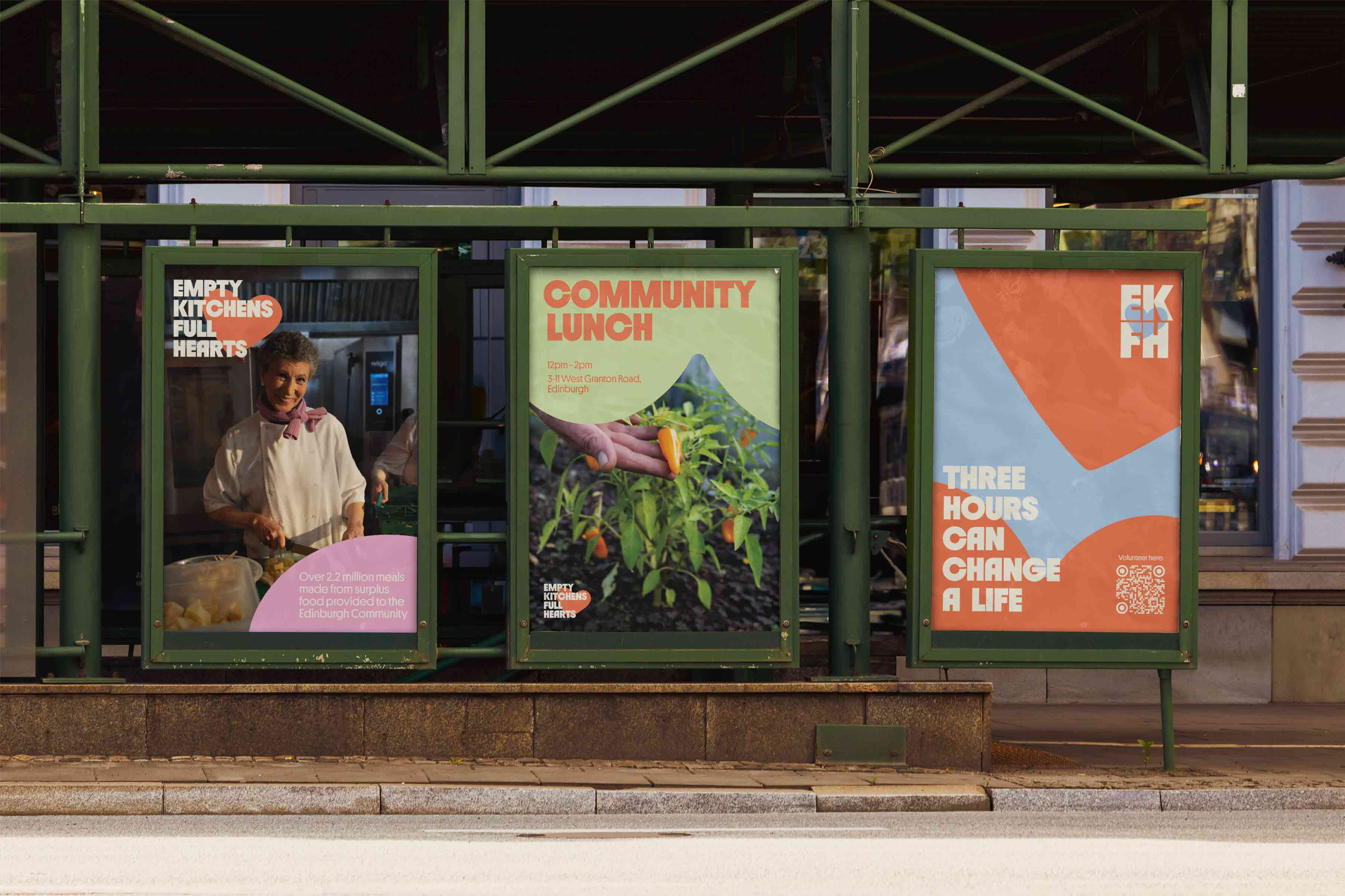 Three urban posters with a mix of charity photography and bold, colourful shapes discussing the impact of Empty Kitchens Full Hearts and Volunteering Opportunities