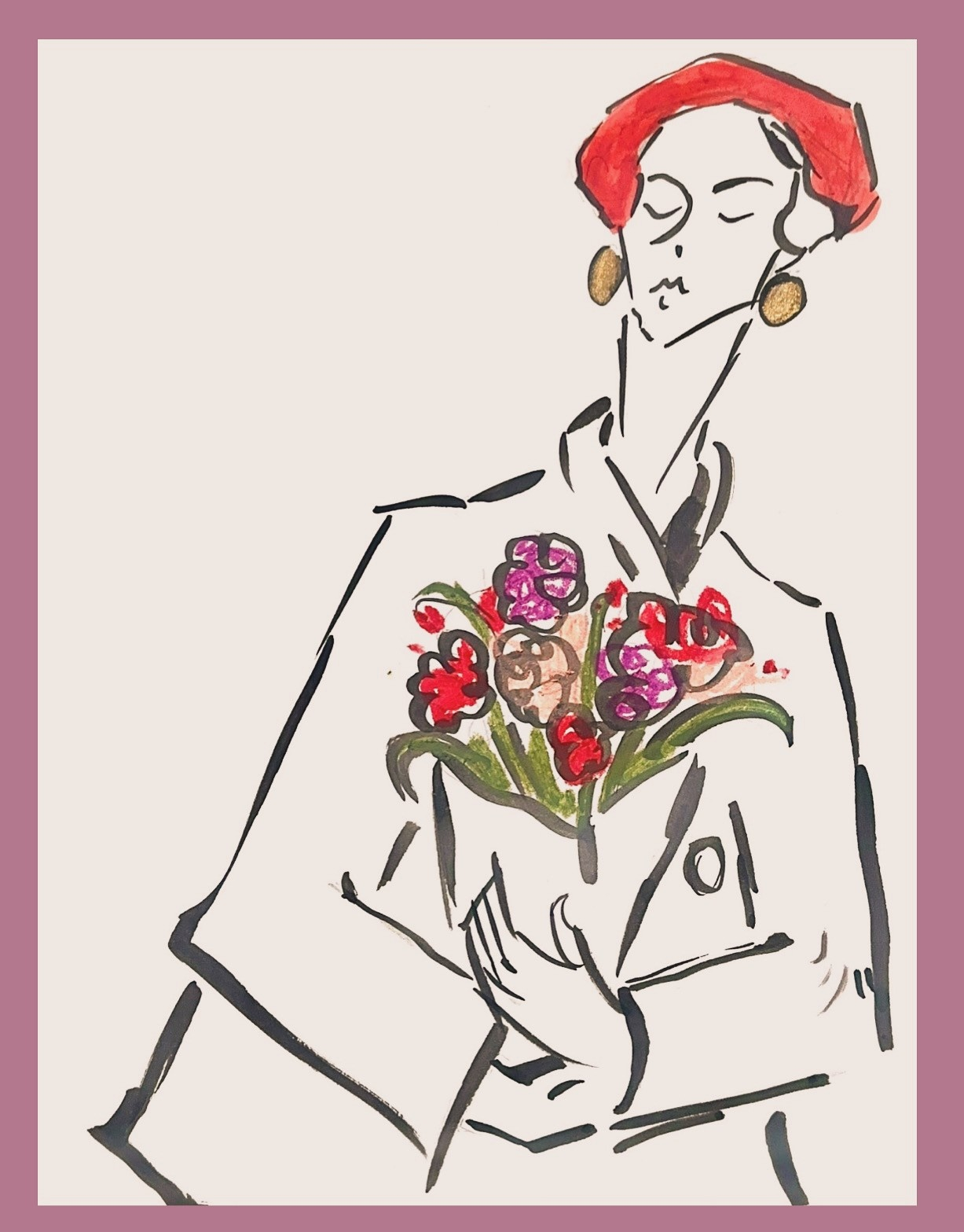 drawing of a woman wearing a red hat carrying a bouquet of spring flowers