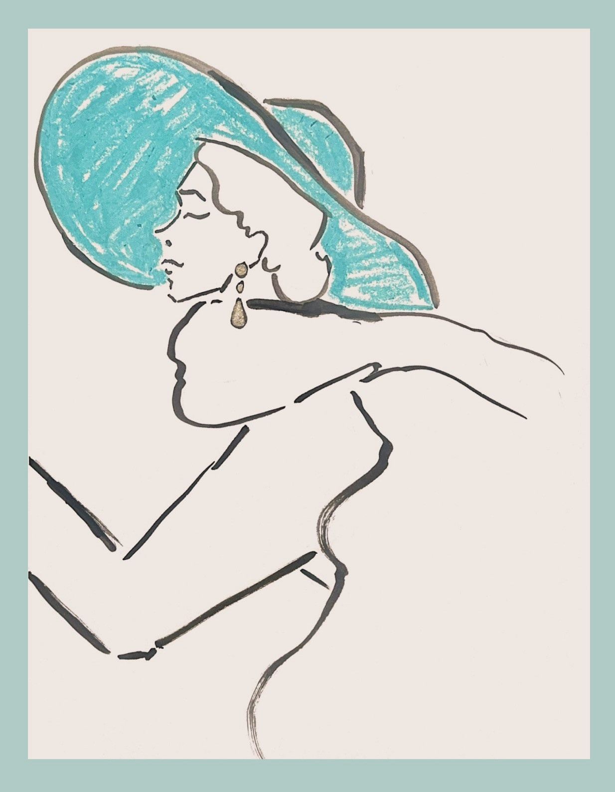 drawing of a woman in side profile wearing a large blue hat
