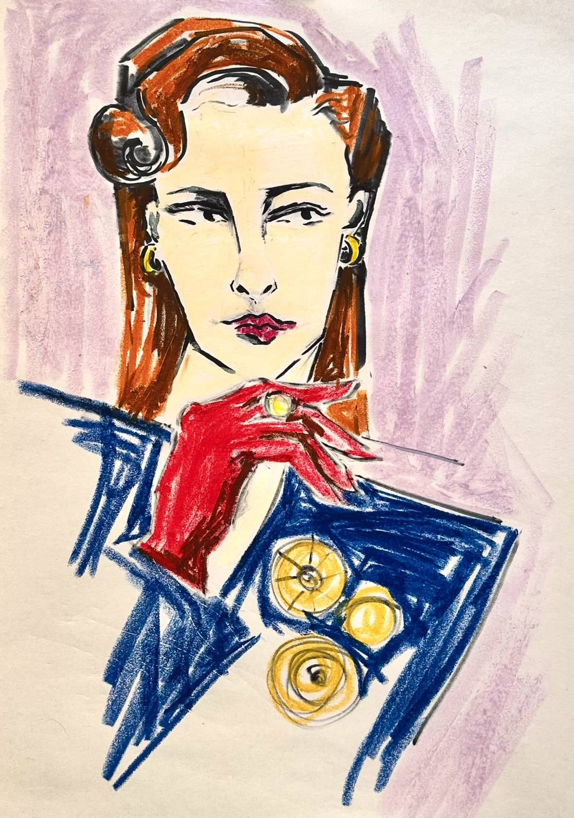 pastel drawing of a woman in a blue jacket wearing a red glove