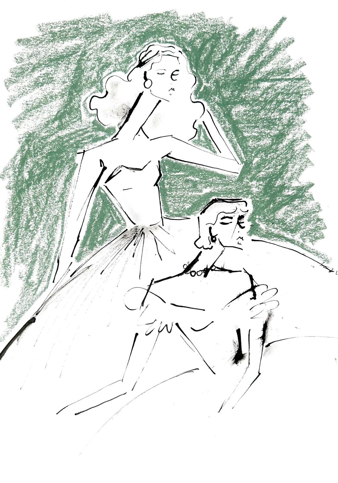 drawing of two women in ballgowns on a green backgrounf