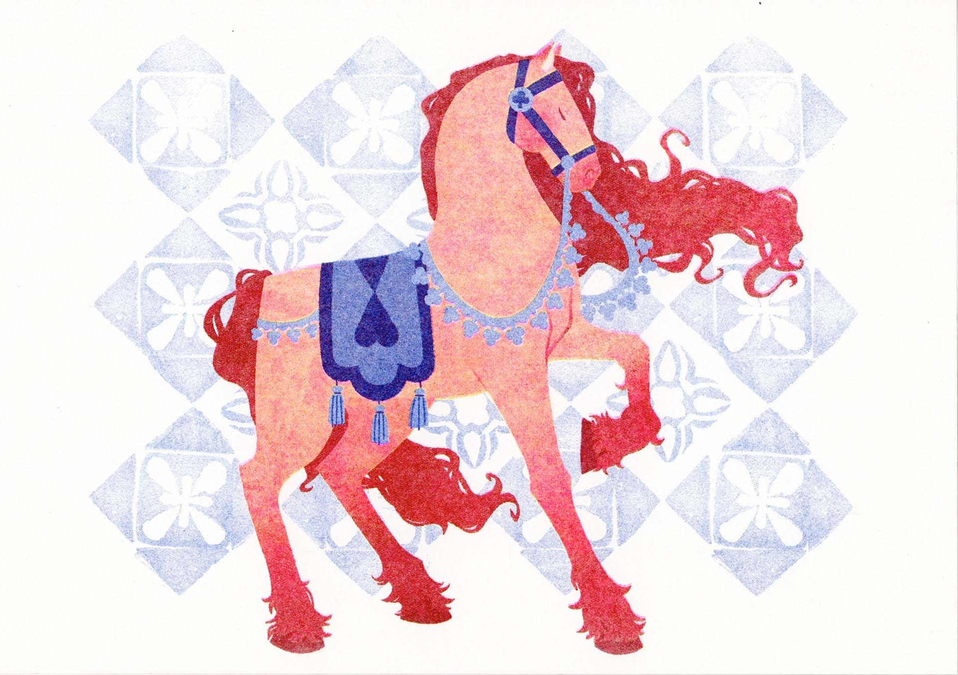 A risograph print of a red and pink horse with blue regalia.