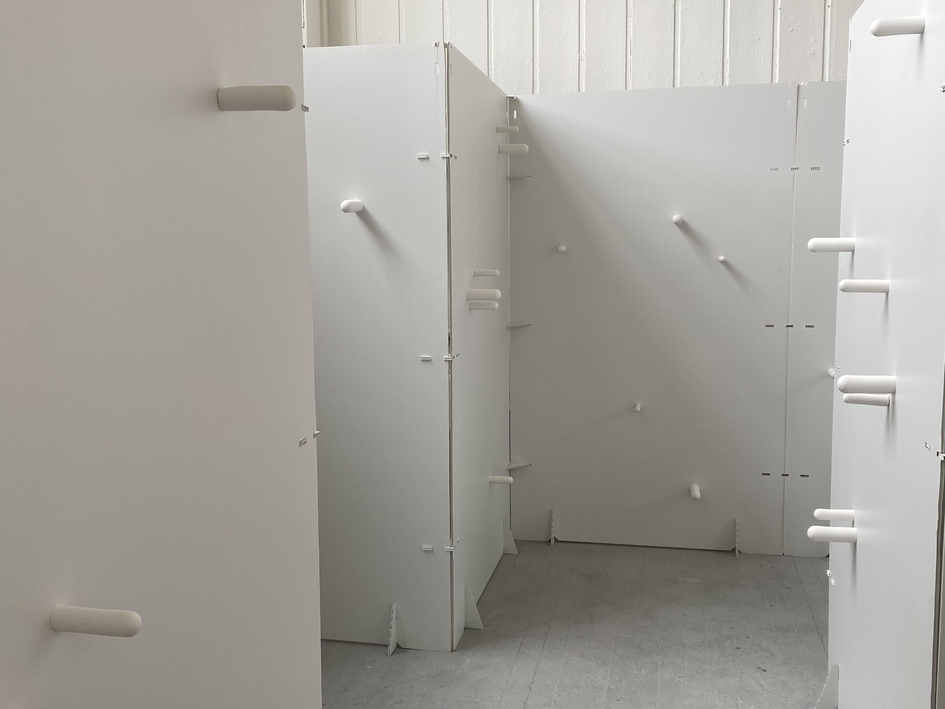 Installation view of sculpture. Tunnel of white COVID screens with dilator casts installed penetrating into the walkway.