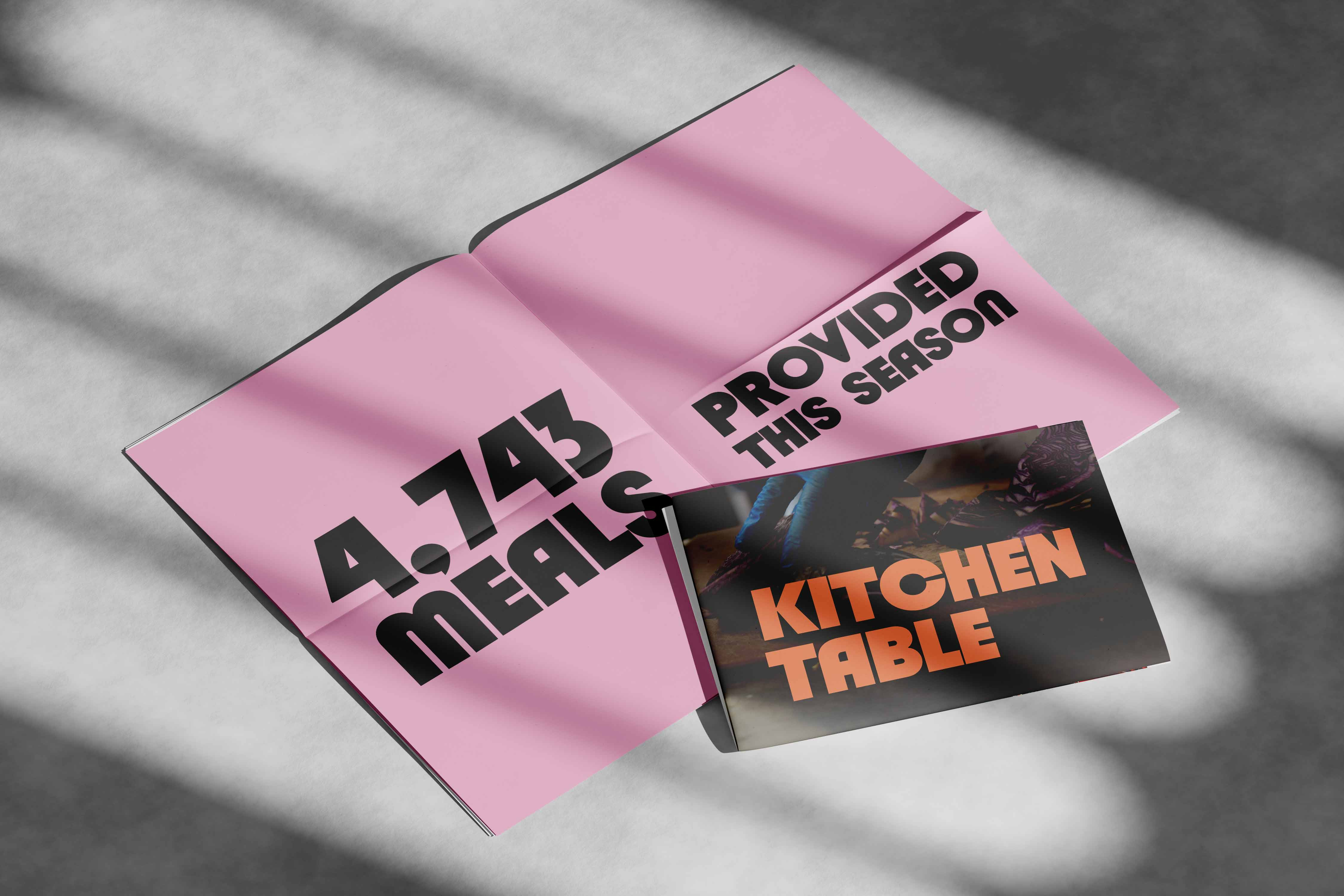 Community newsletter designed on newsprint called "Kitchen Table" with an open spread stating "4,743 meals provided this season".