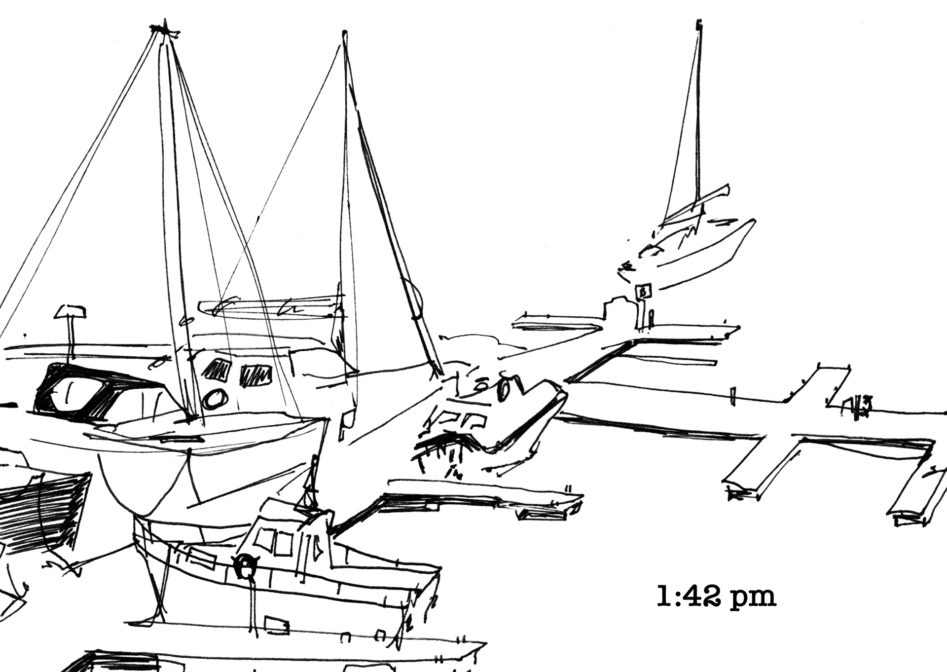 An ink drawing of a marina with the time 1:42 PM in type.