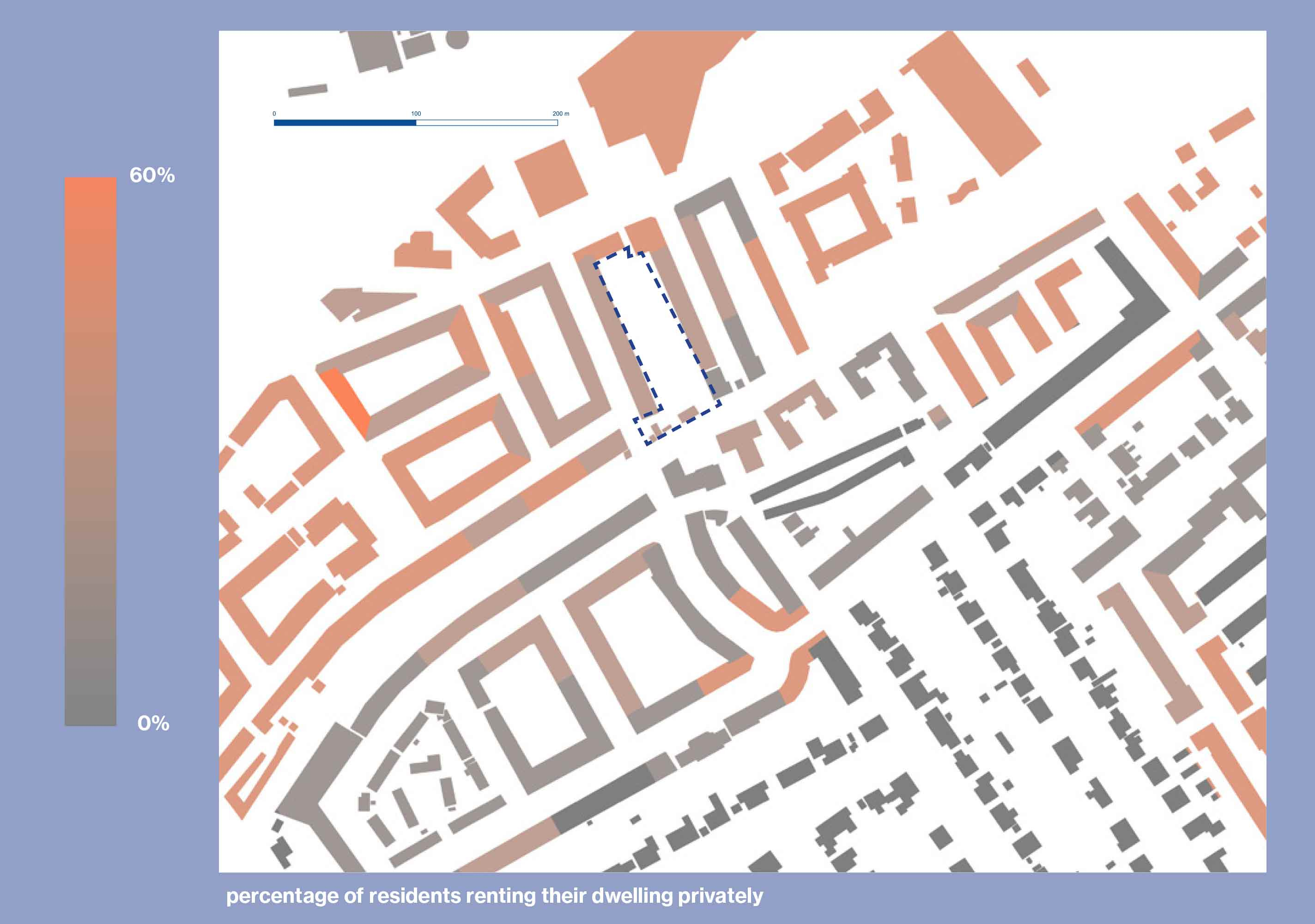Nolli plan edited to show percentage of residents renting their dwellings privately with intensity of orange shade