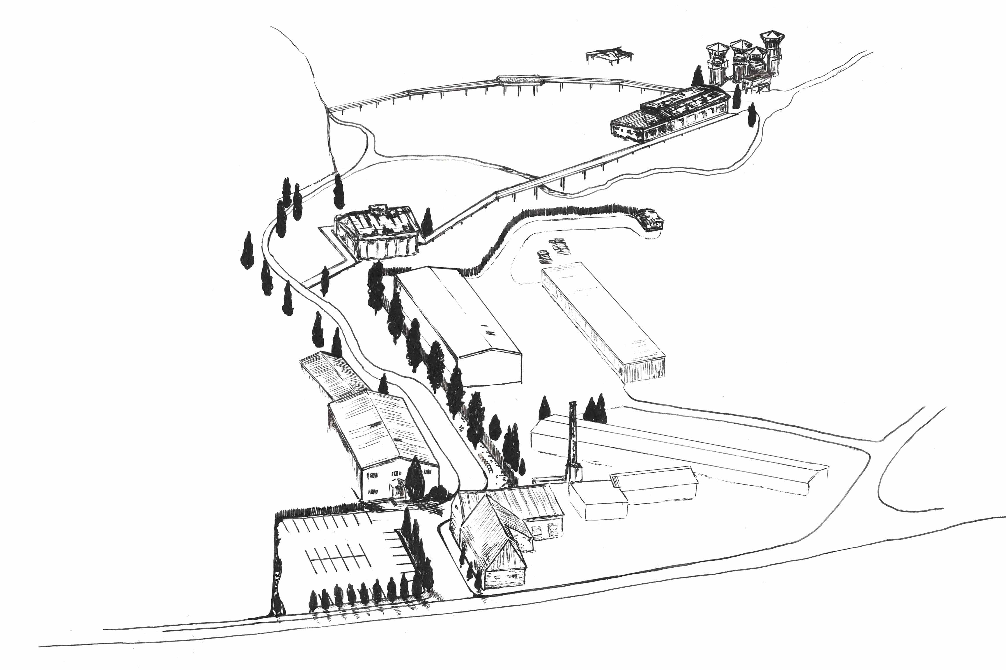 Isometric line drawing of Liban Quarry entrance proposed design.