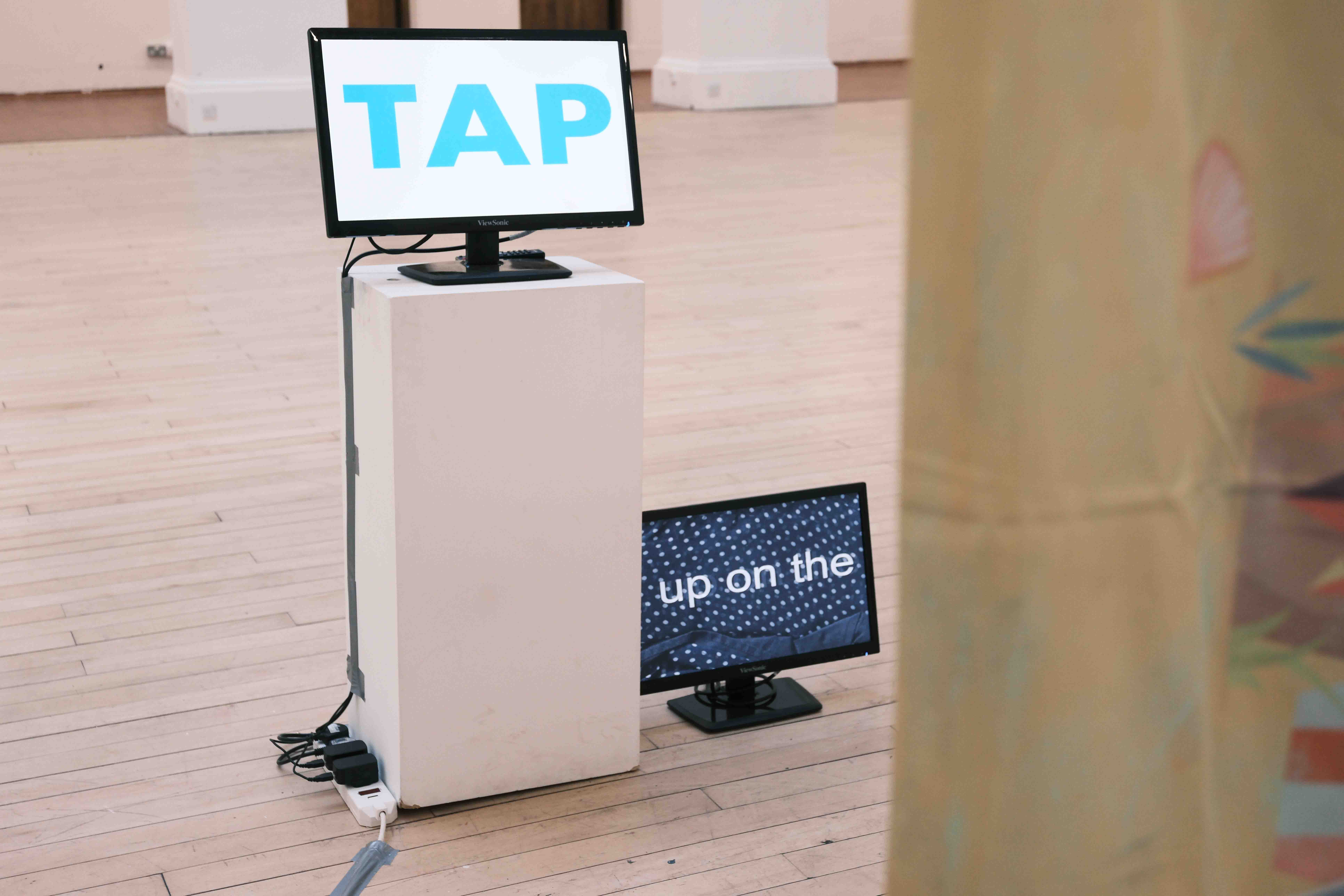 2 screens, 1 displaying the word 'TAP' in pale blue on white, and the other displaying a section of a weather foreact against a blue polka dot background.