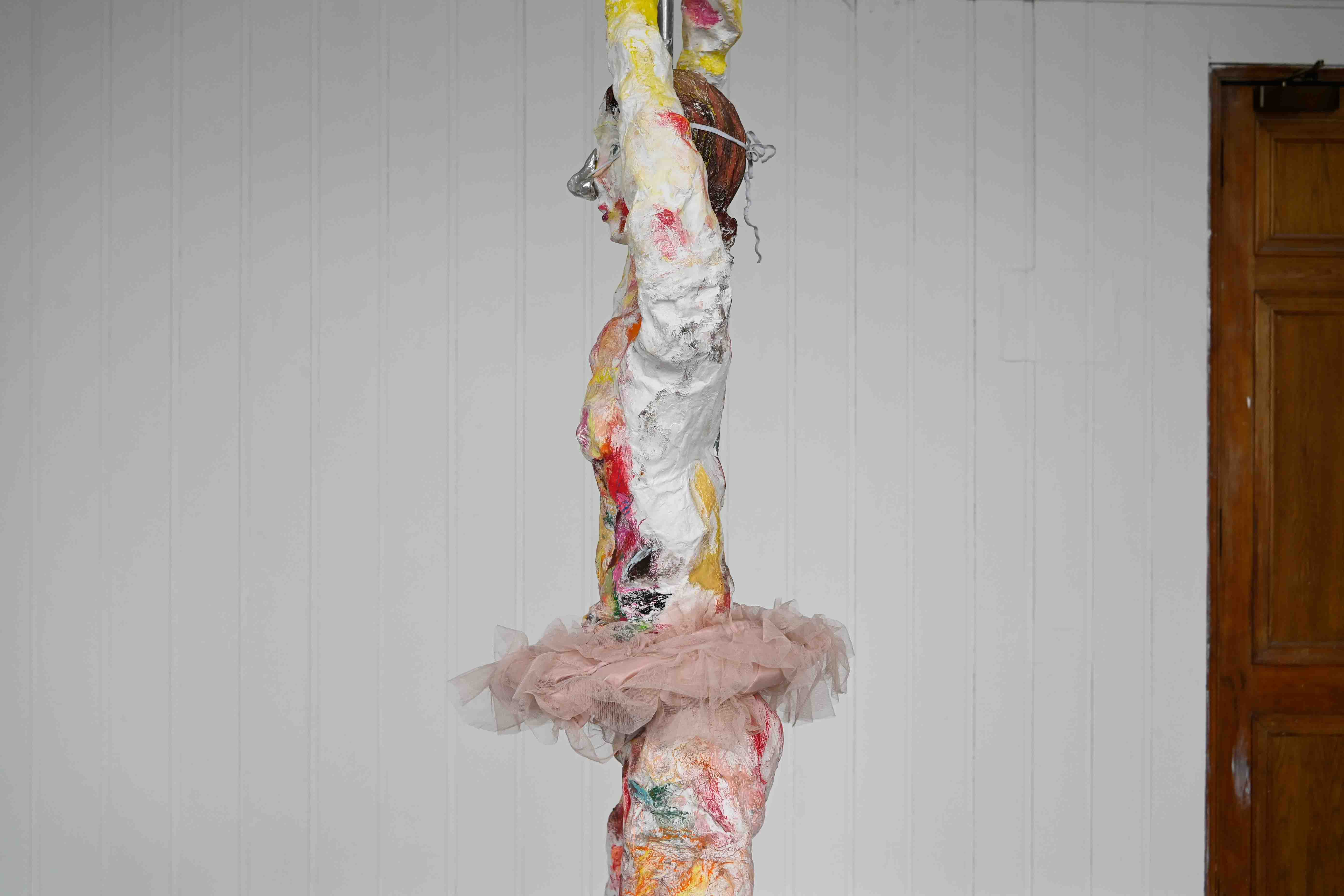 Erin Ridgway, Nipples Like Raisins, Bum Like a Belgian Bun, 2026, plaster, chalk, tulle, pewter, metal, 2,700mm x 490mm, Edinburgh.