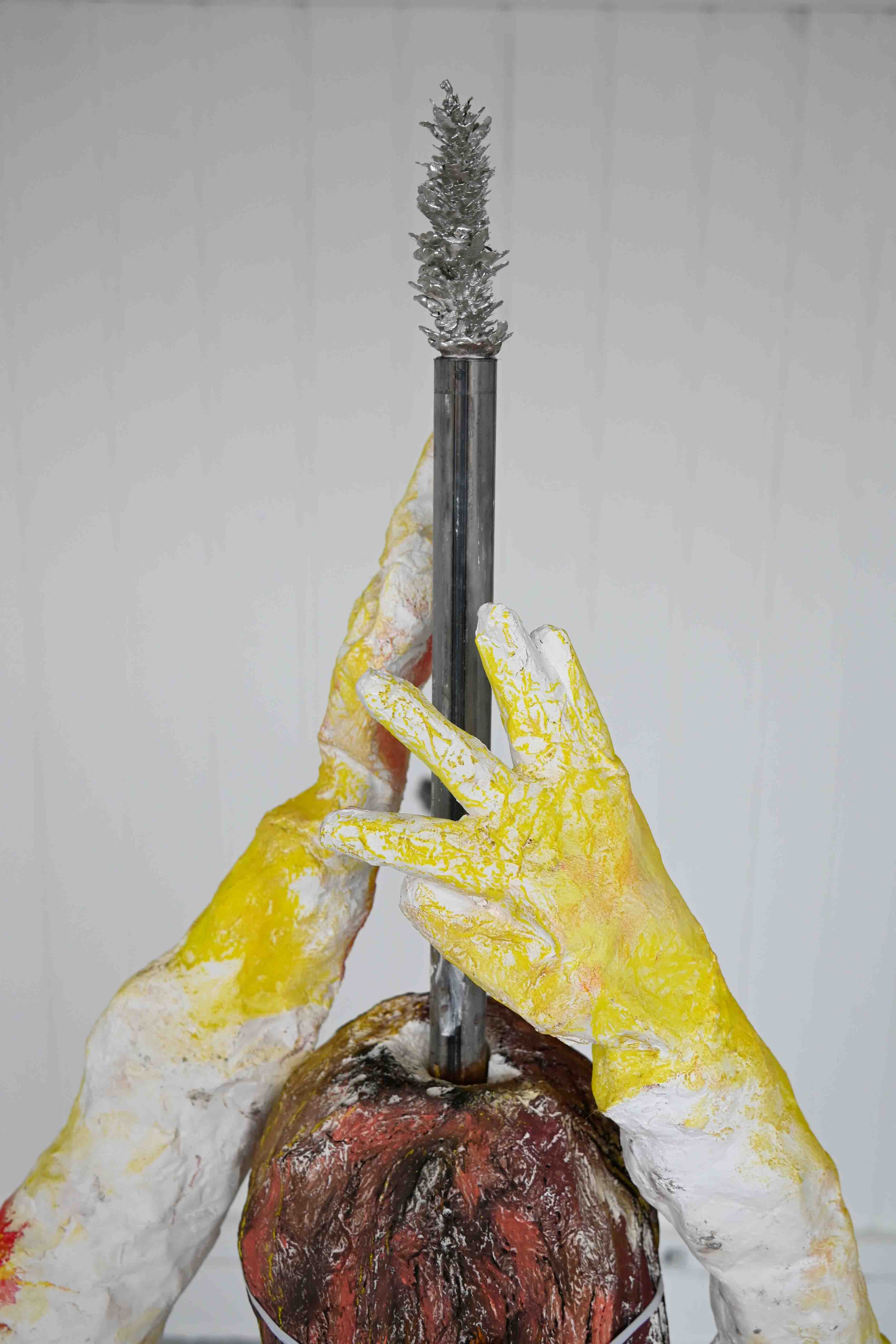 Erin Ridgway, Nipples Like Raisins, Bum Like a Belgian Bun, 2026, plaster, chalk, tulle, pewter, metal, 2,700mm x 490mm, Edinburgh.