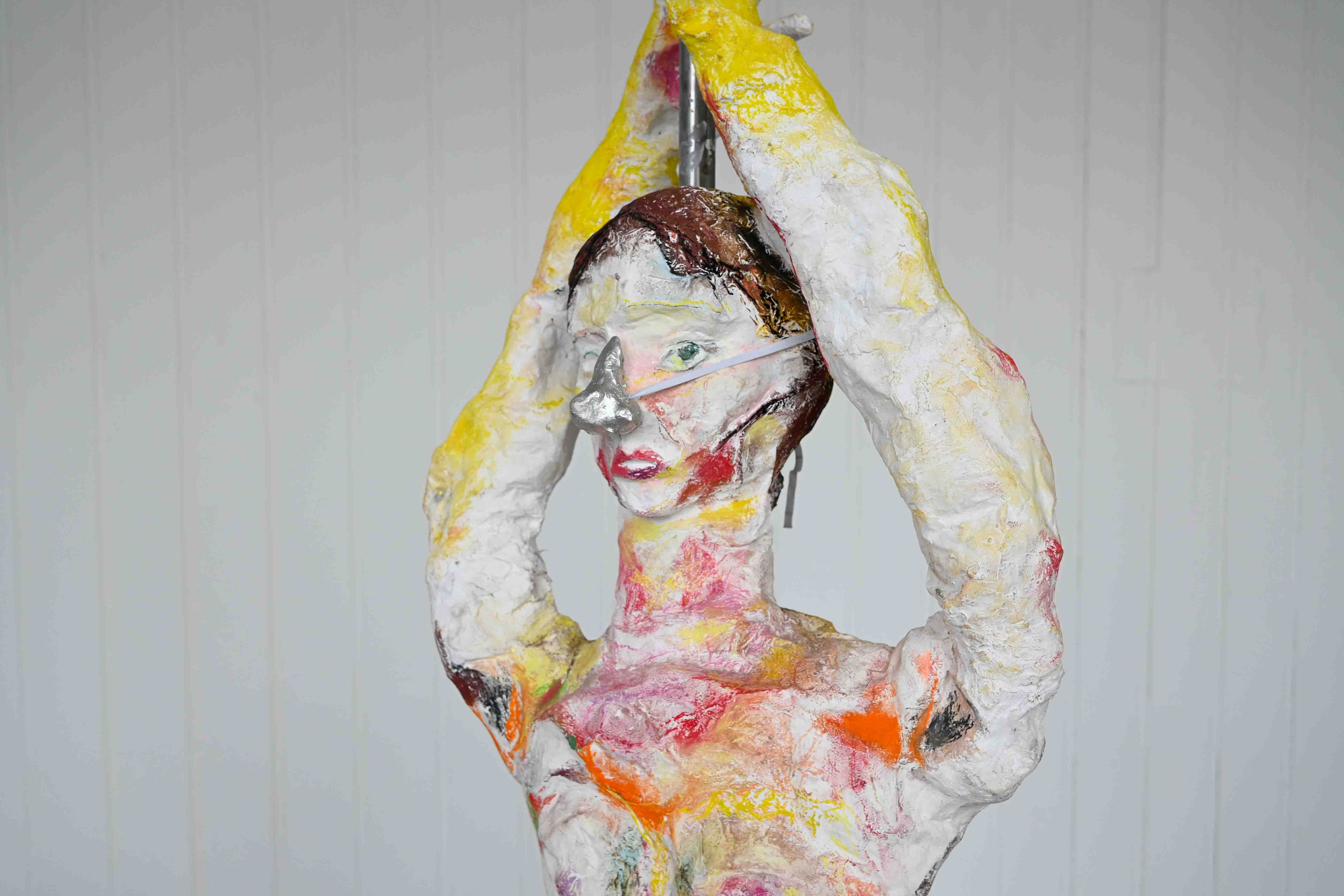 Erin Ridgway, Nipples Like Raisins, Bum Like a Belgian Bun, 2026, plaster, chalk, tulle, pewter, metal, 2,700mm x 490mm, Edinburgh.